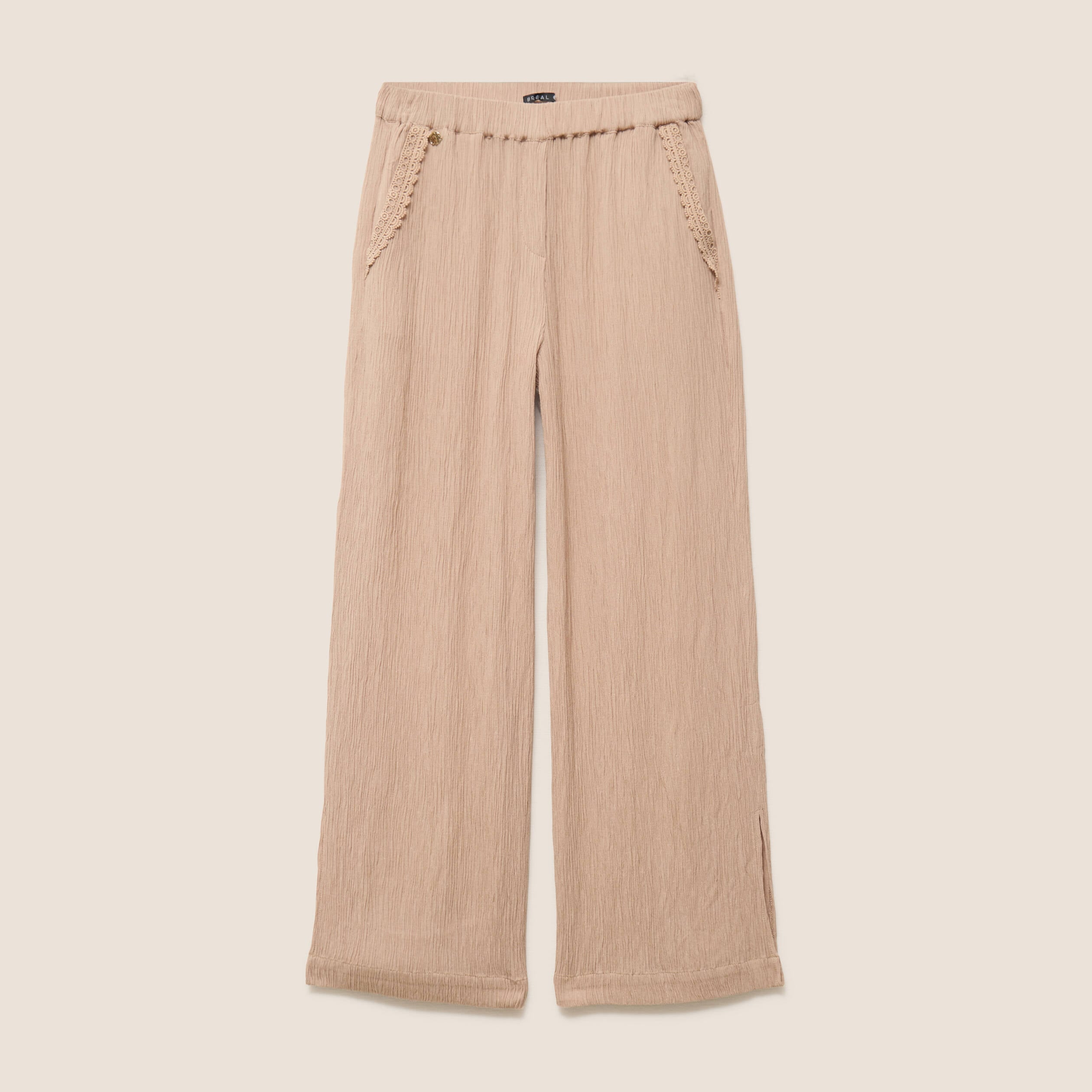 Pantalon large taille haute pliss&eacute; sable femme