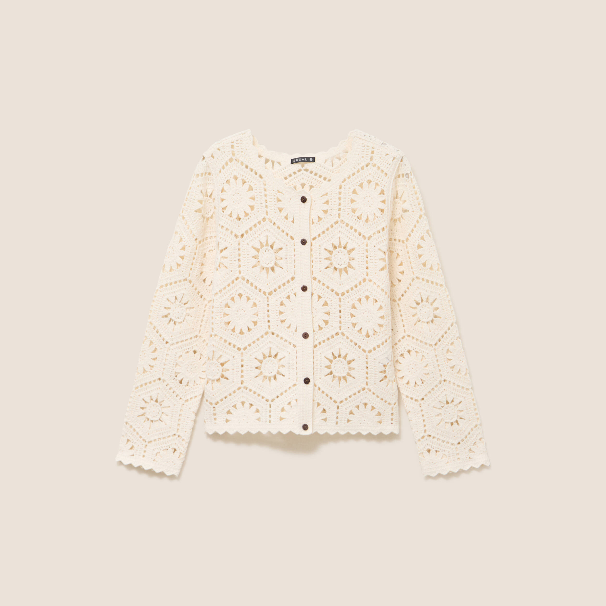 Gilet manches longues aspect dentelle ecru femme