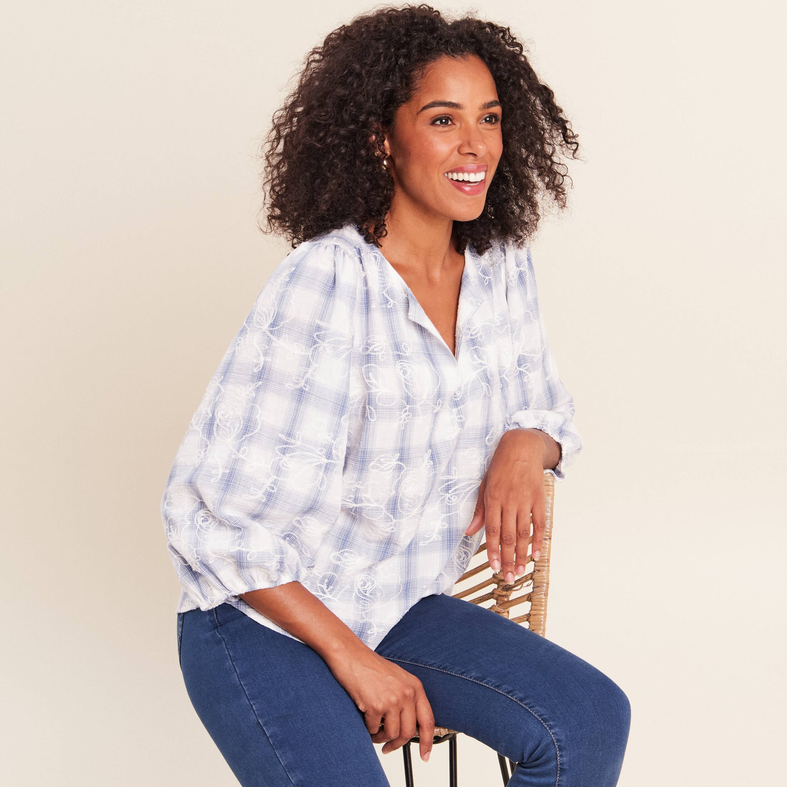 Blouse col tunisien manches 3/4 bleu femme