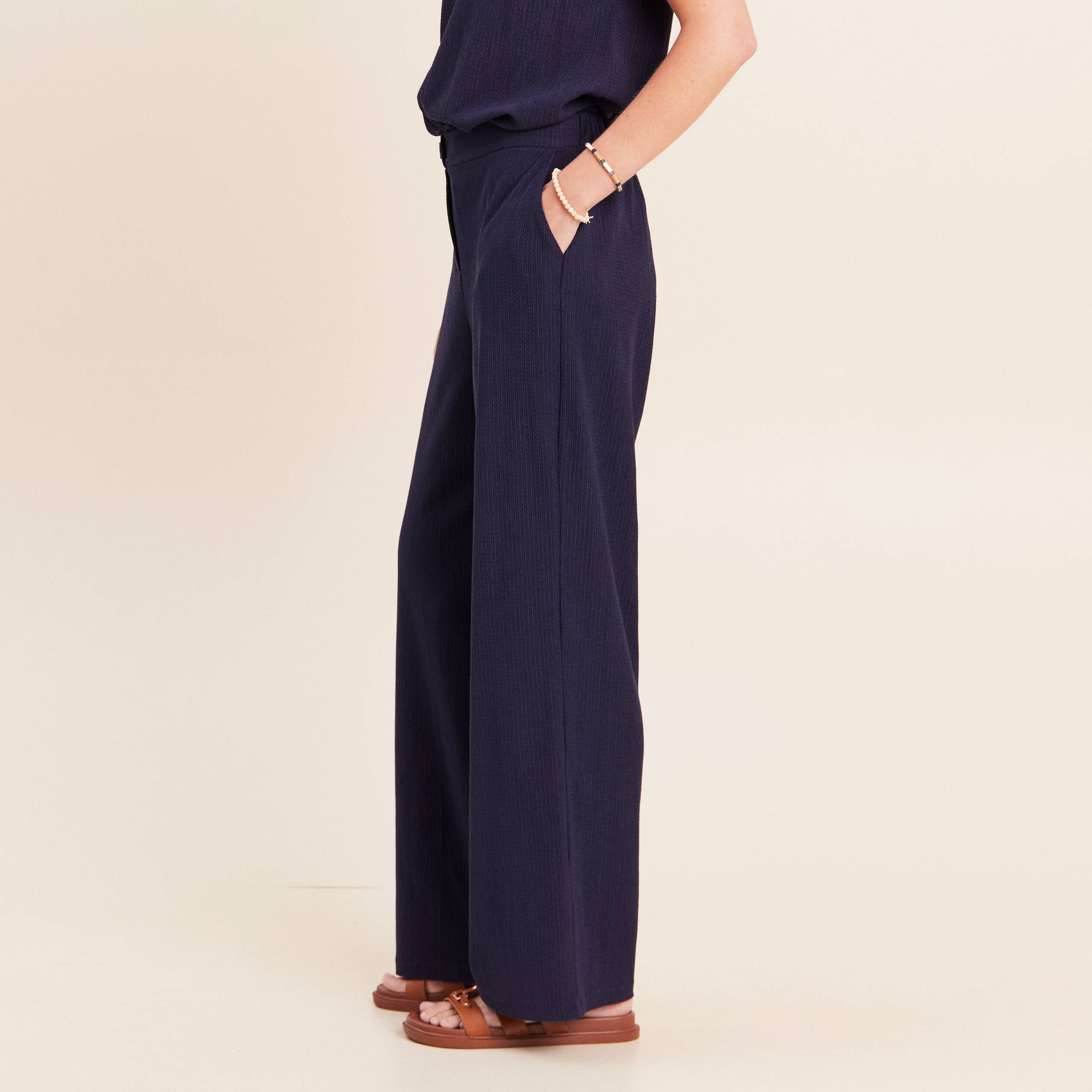 Pantalon large taille haute fluide bleu marine femme