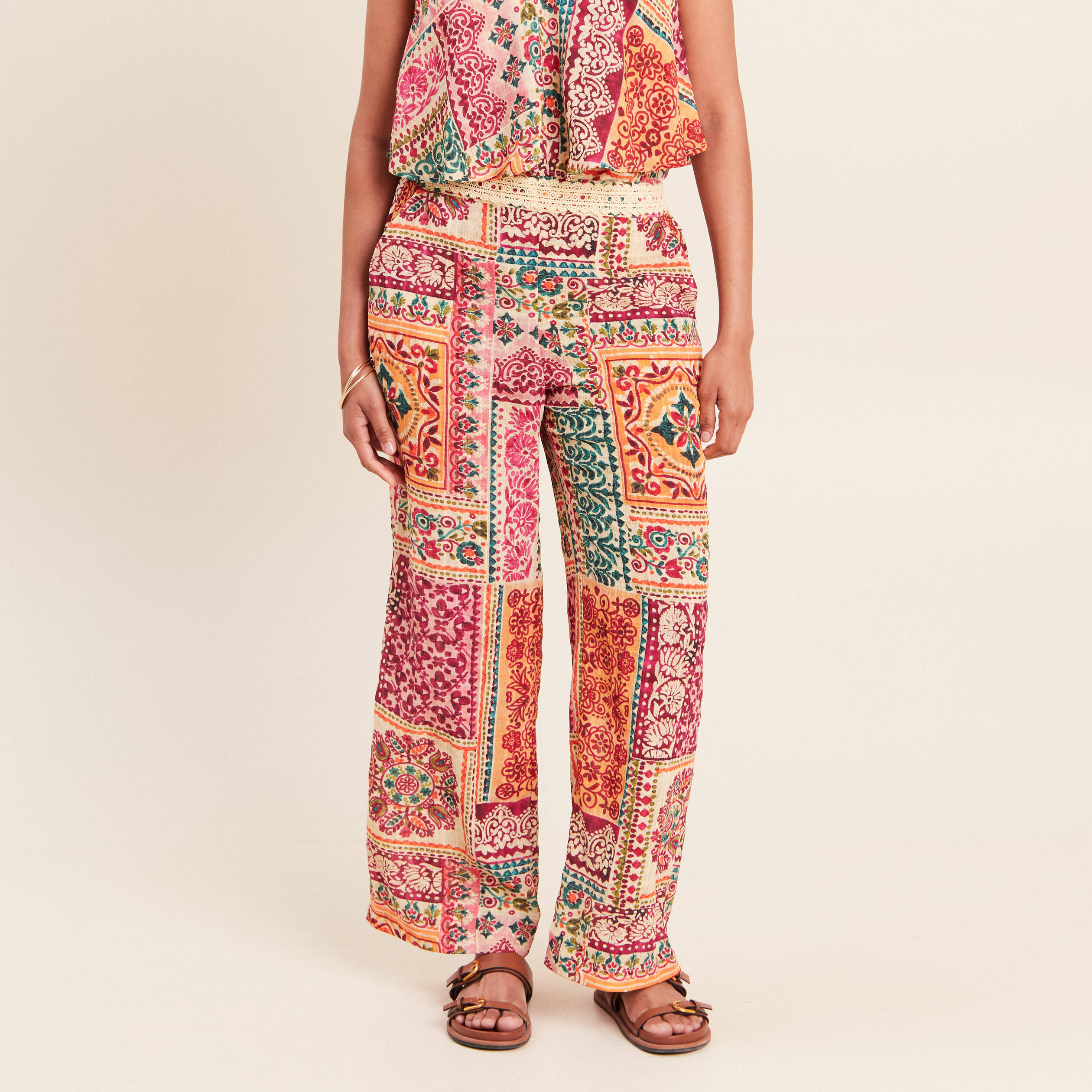 Pantalon large taille haute rose femme