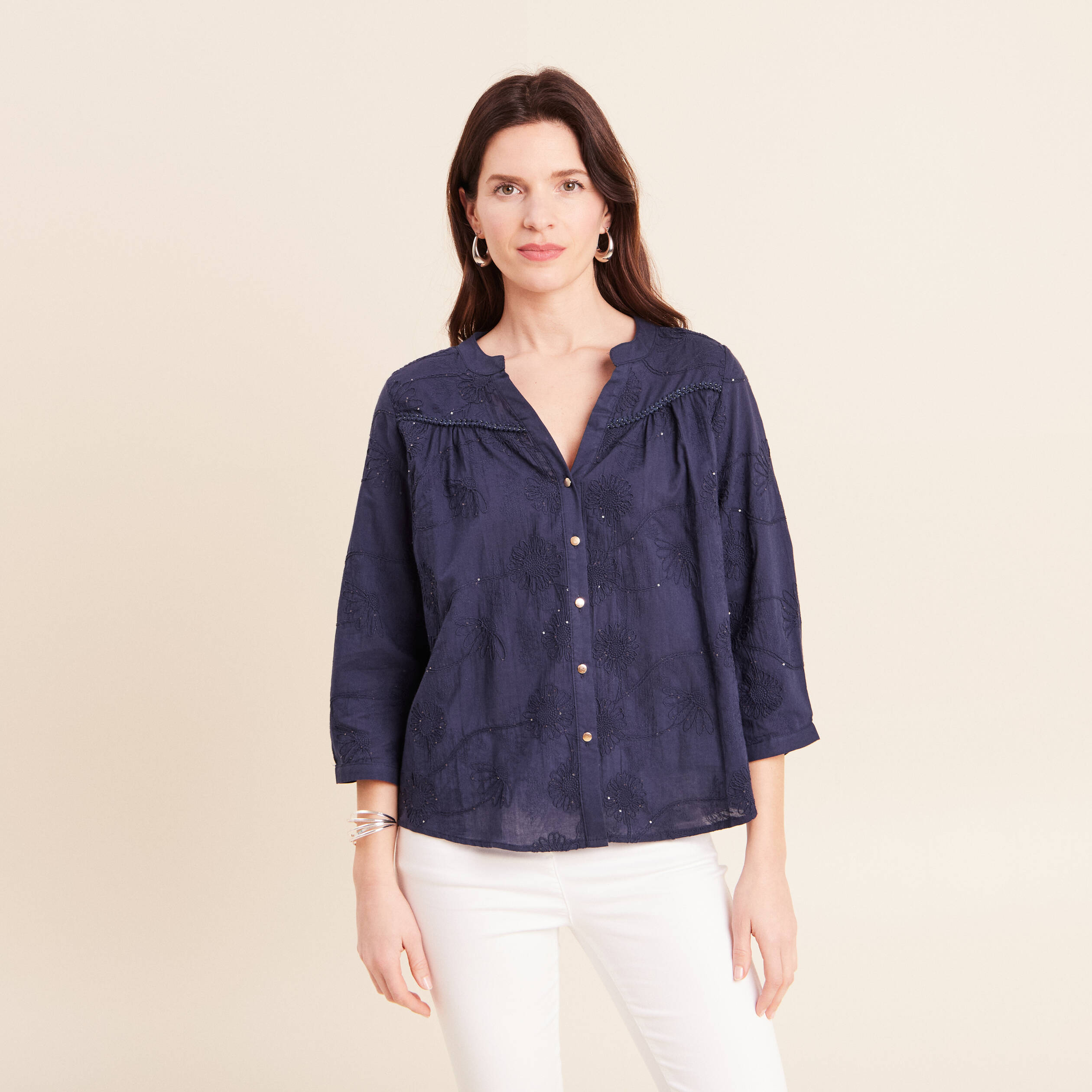 Blouse col tunisien manches 3/4 bleu marine femme