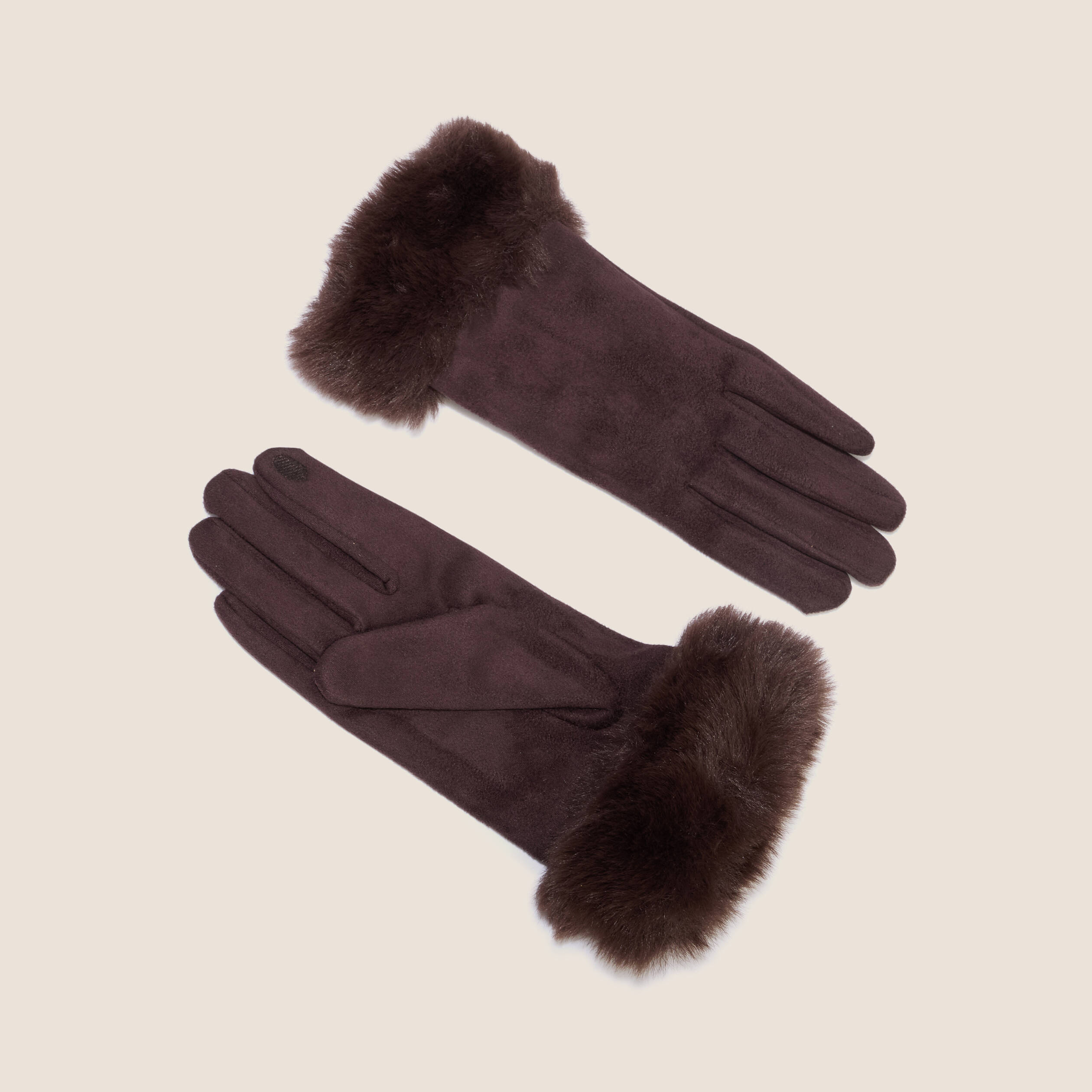 Gants en fausse fourrure marron fonc&eacute; femme