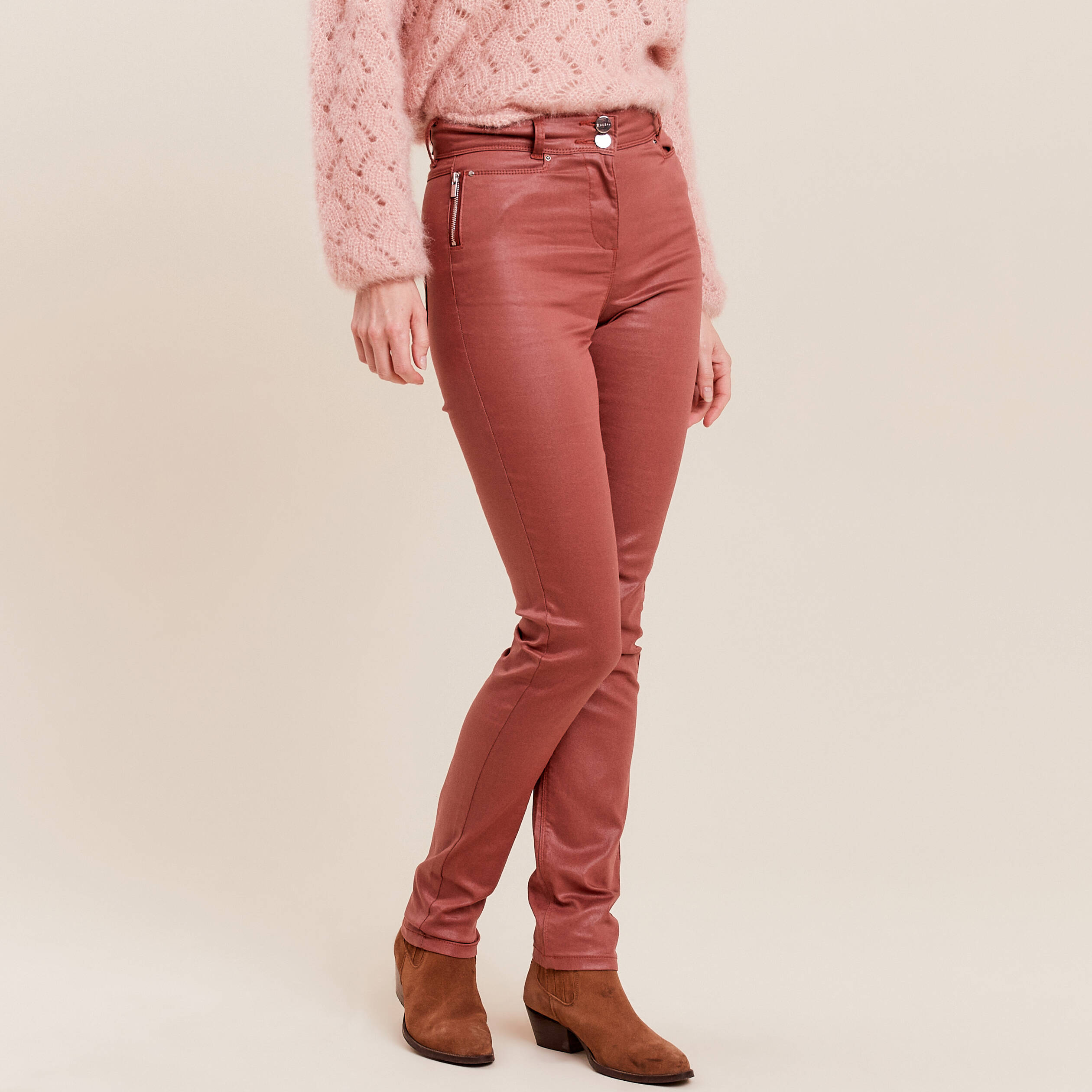 pantalon ajuste enduit marron cognac femme Pantalon ajusté enduit marron cognac femme