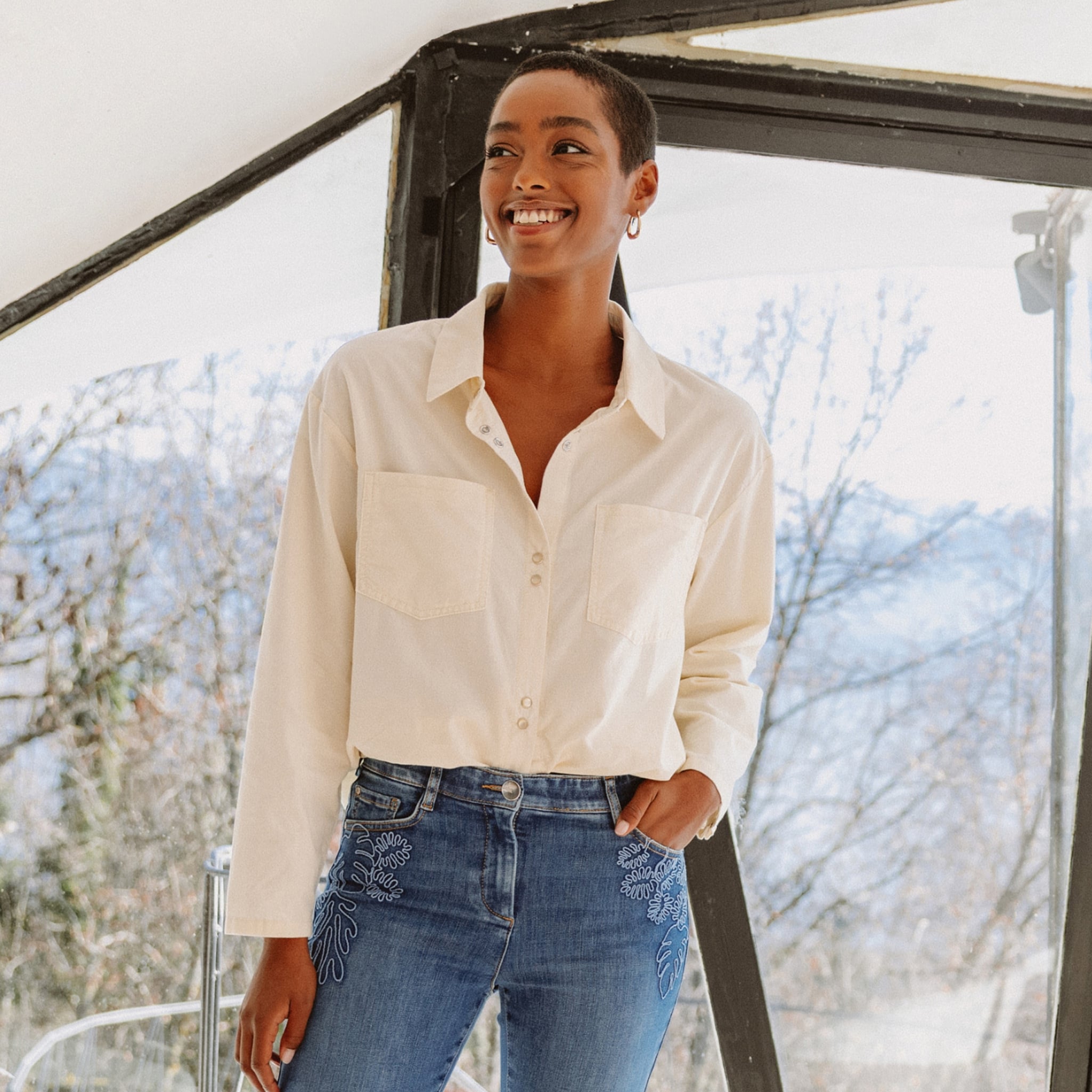 Chemise ample en velours milleraie ecru femme