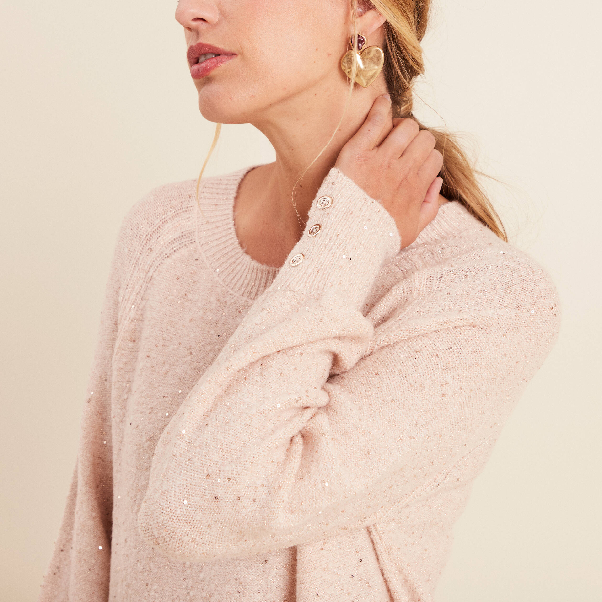 Pull col rond manches longues à sequins rose poudrée femme Vibs