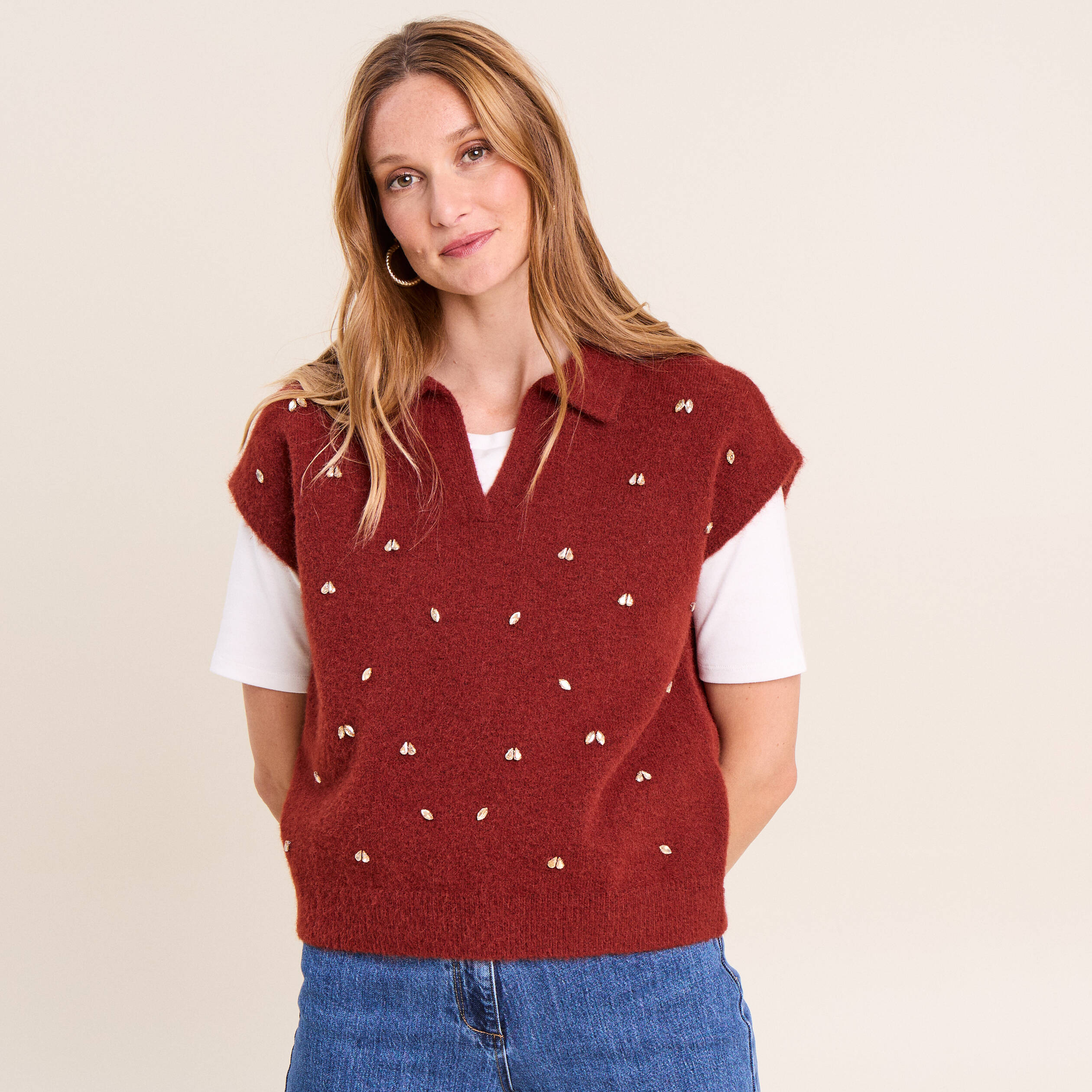 Pull sans manches col chemise orange fonc&eacute; femme