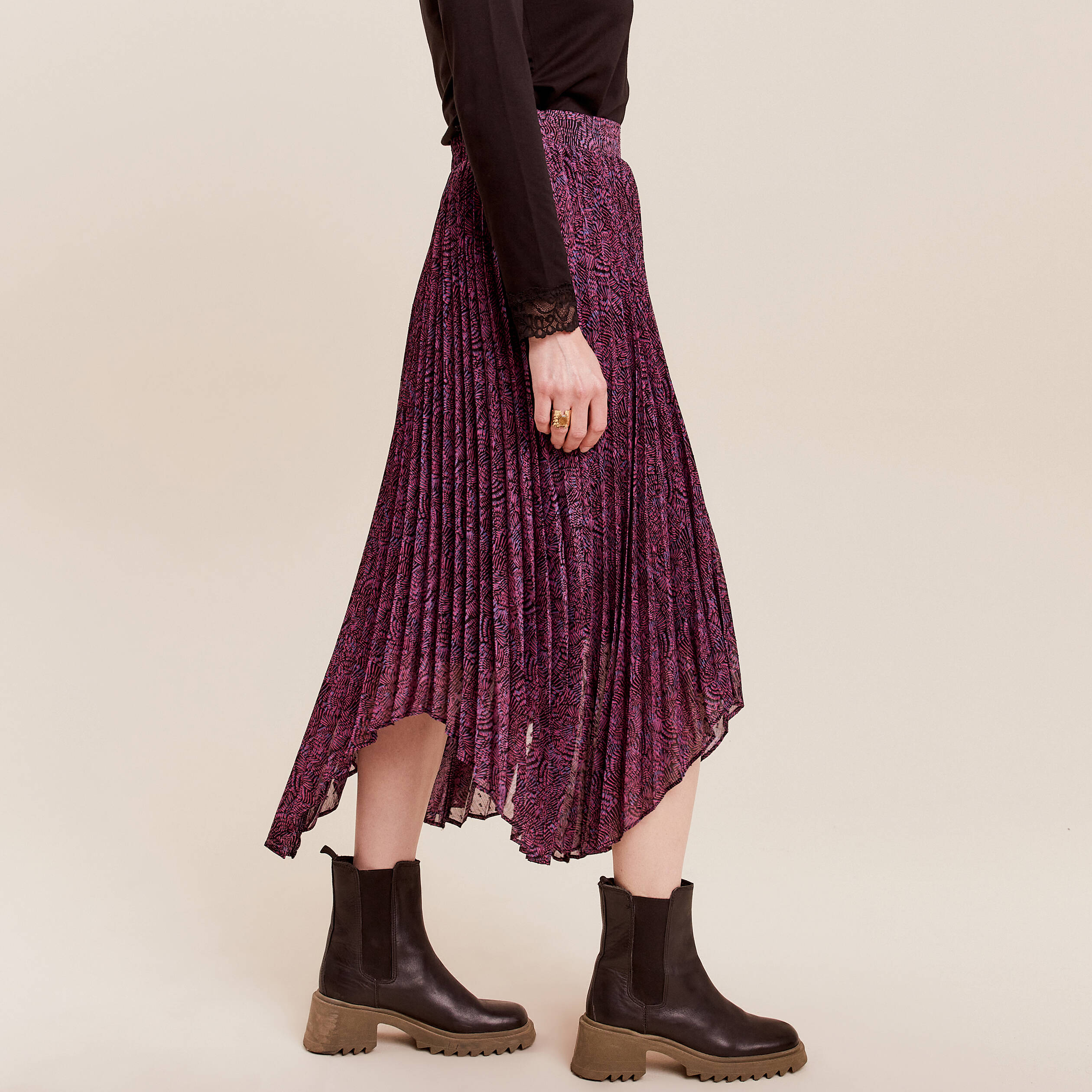 jupe longue evasee plissee violet femme Jupe longue évasée plissée violet femme