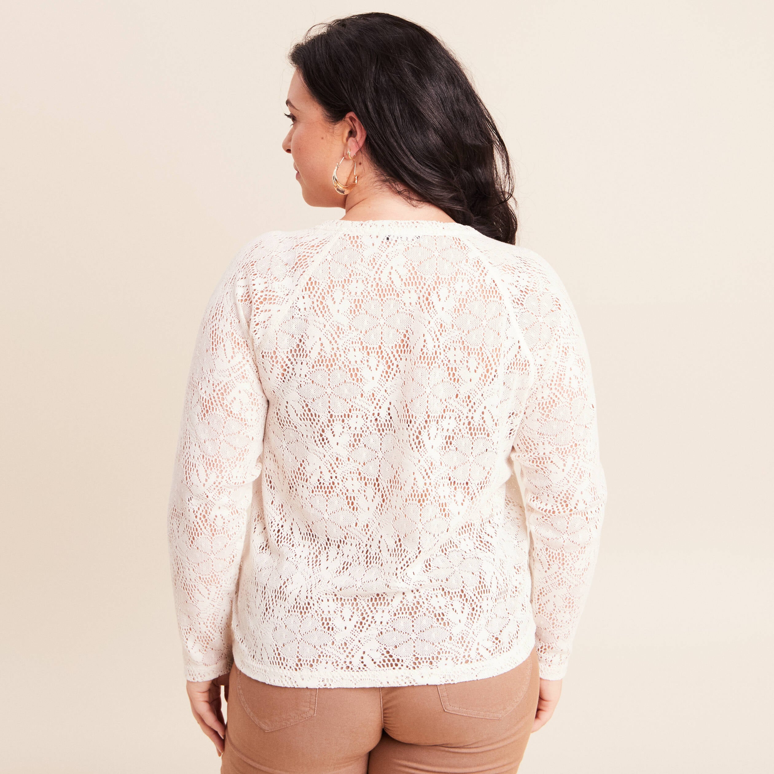 T-shirt manches longues aspect dentelle ecru femme