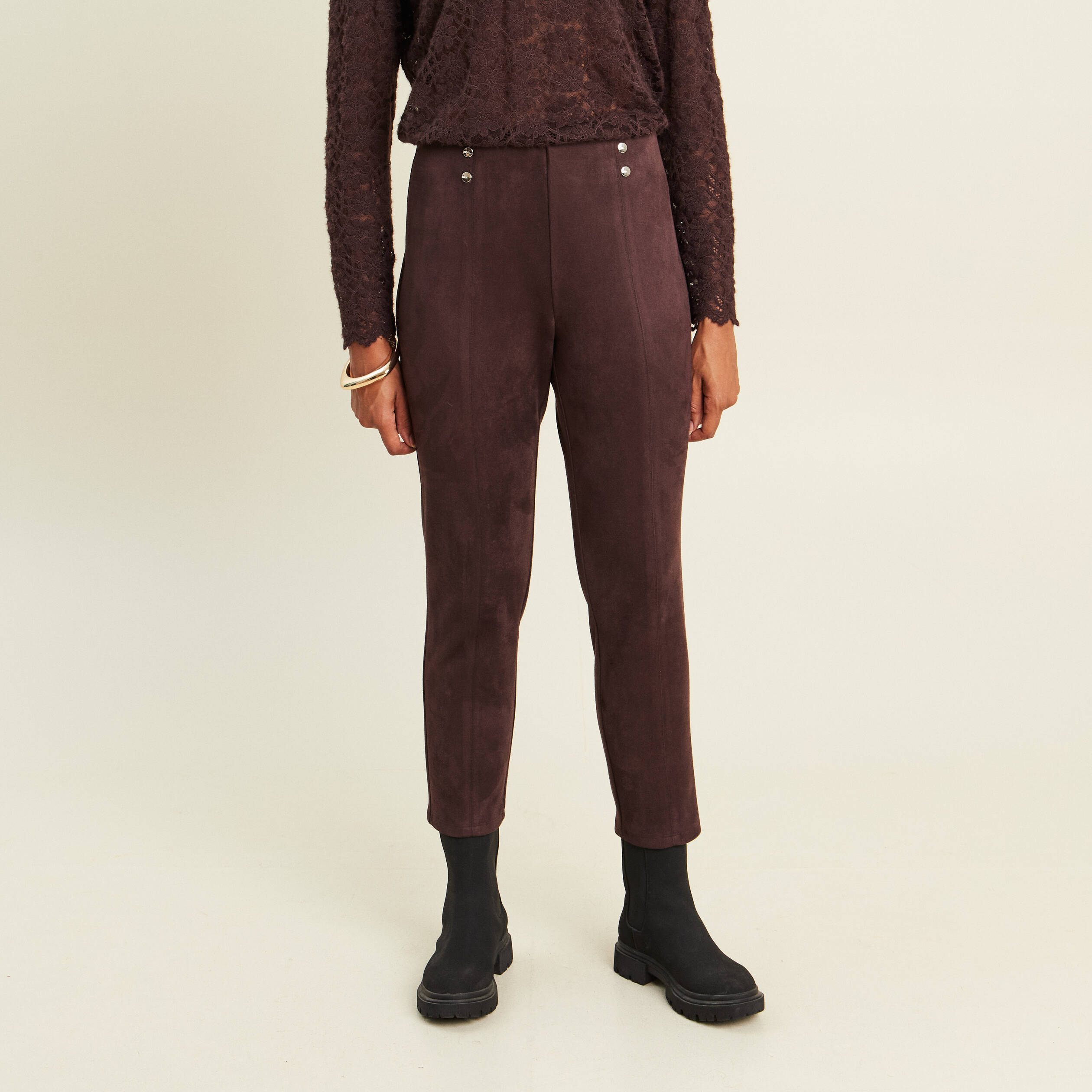 Legging 7/8&egrave;me taille haute aspect daim marron fonc&eacute; femme