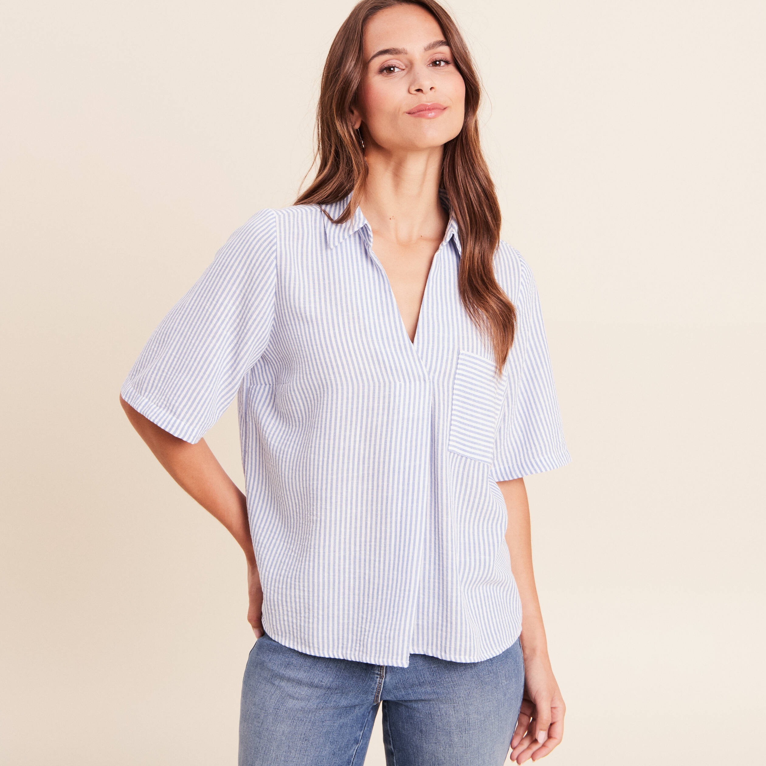 Blouse ample col chemise manches courtes bleu femme