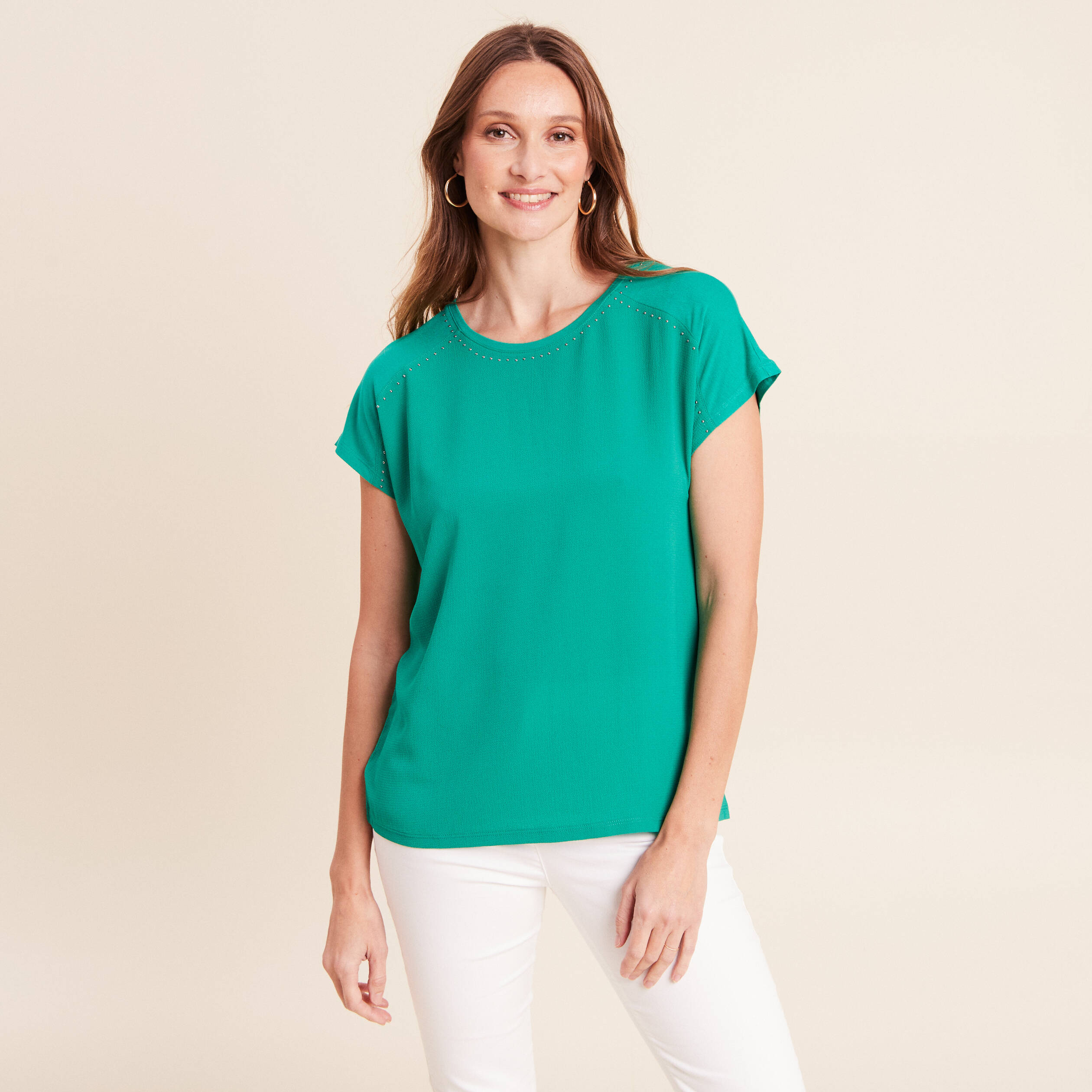 T-shirt bi-mati&egrave;re manches courtes vert menthe femme