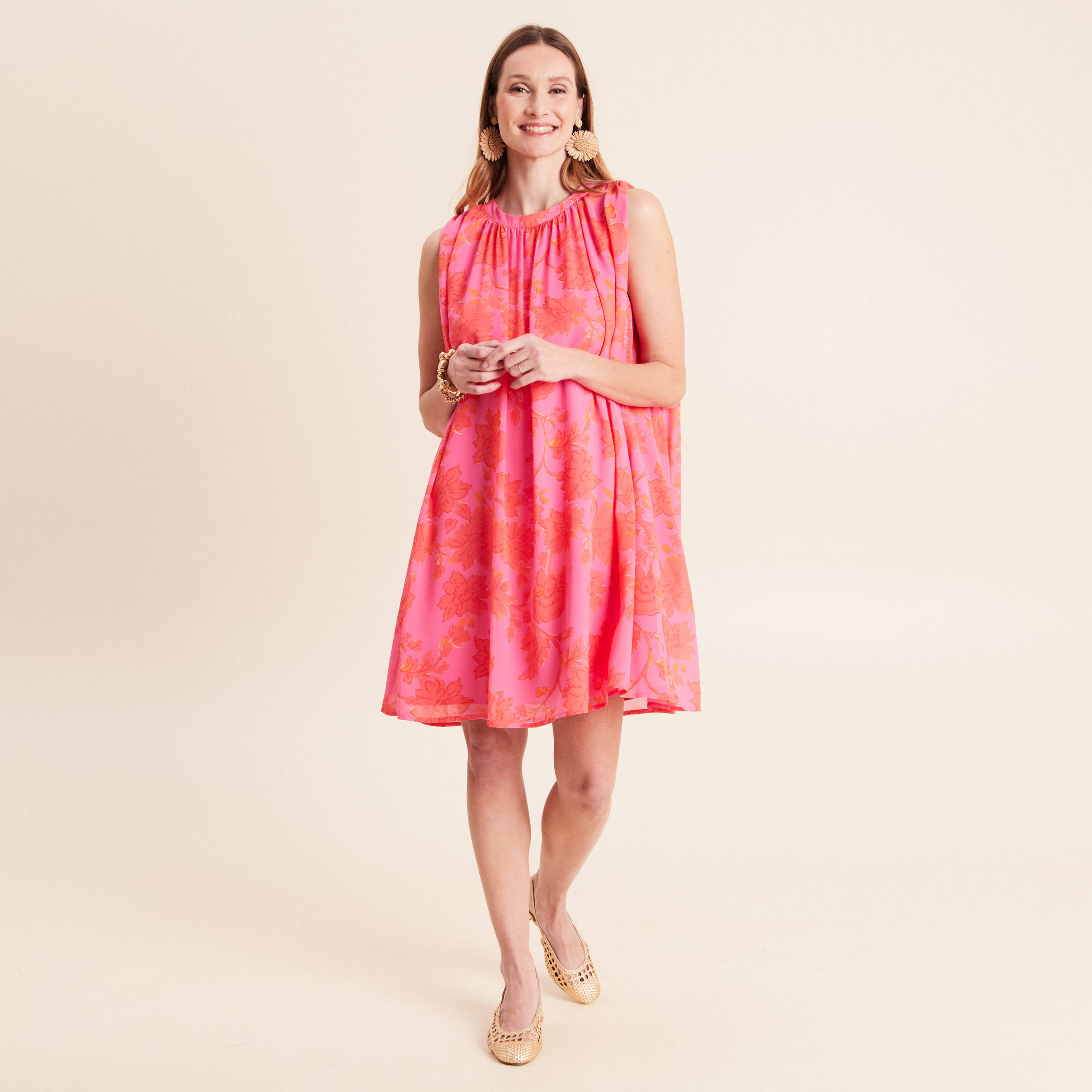 Robe ample courte sans manches doubl&eacute;e rose femme