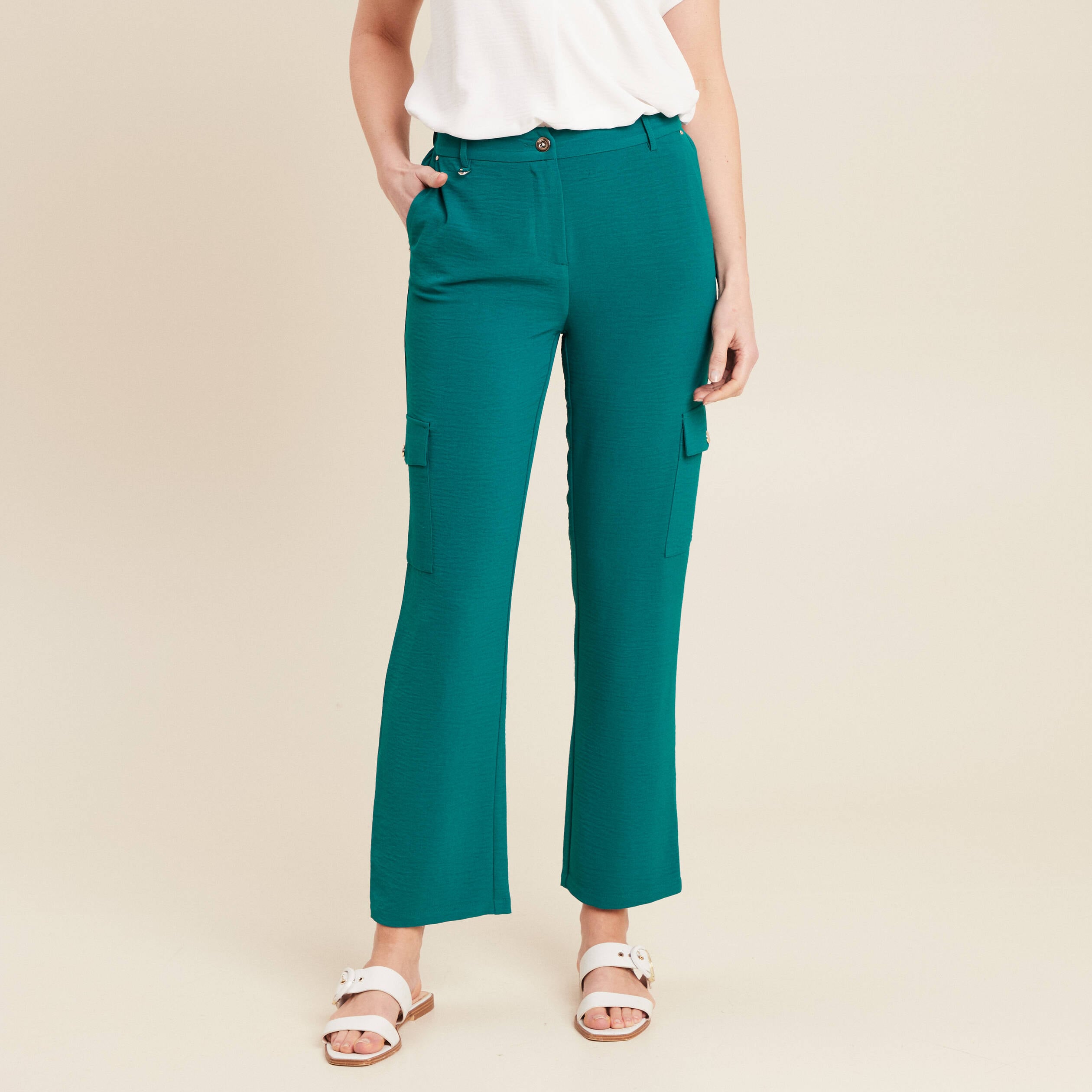 Pantalon flou cargo 7/8&egrave;me vert femme