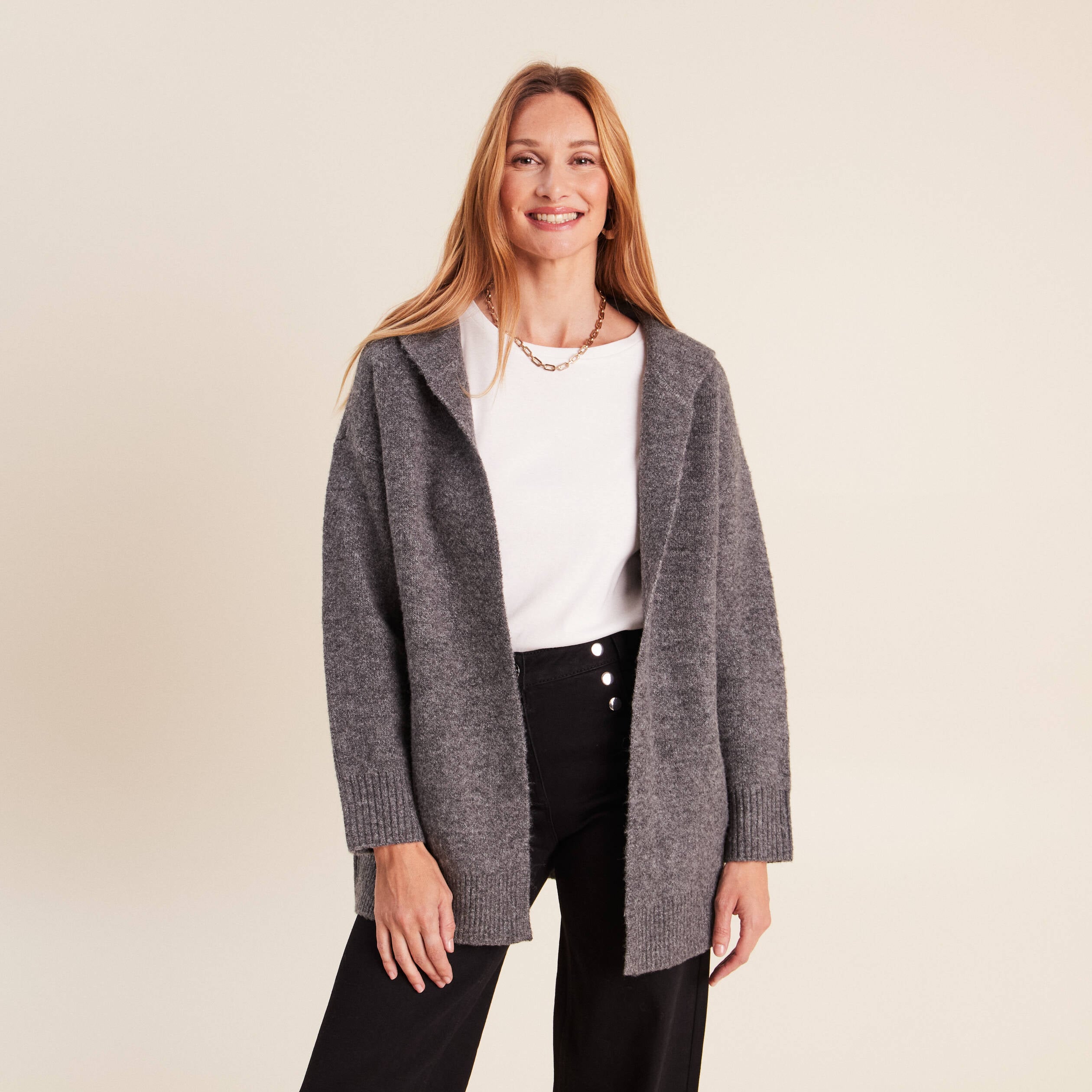 Gilet droit long gris fonc&eacute; femme