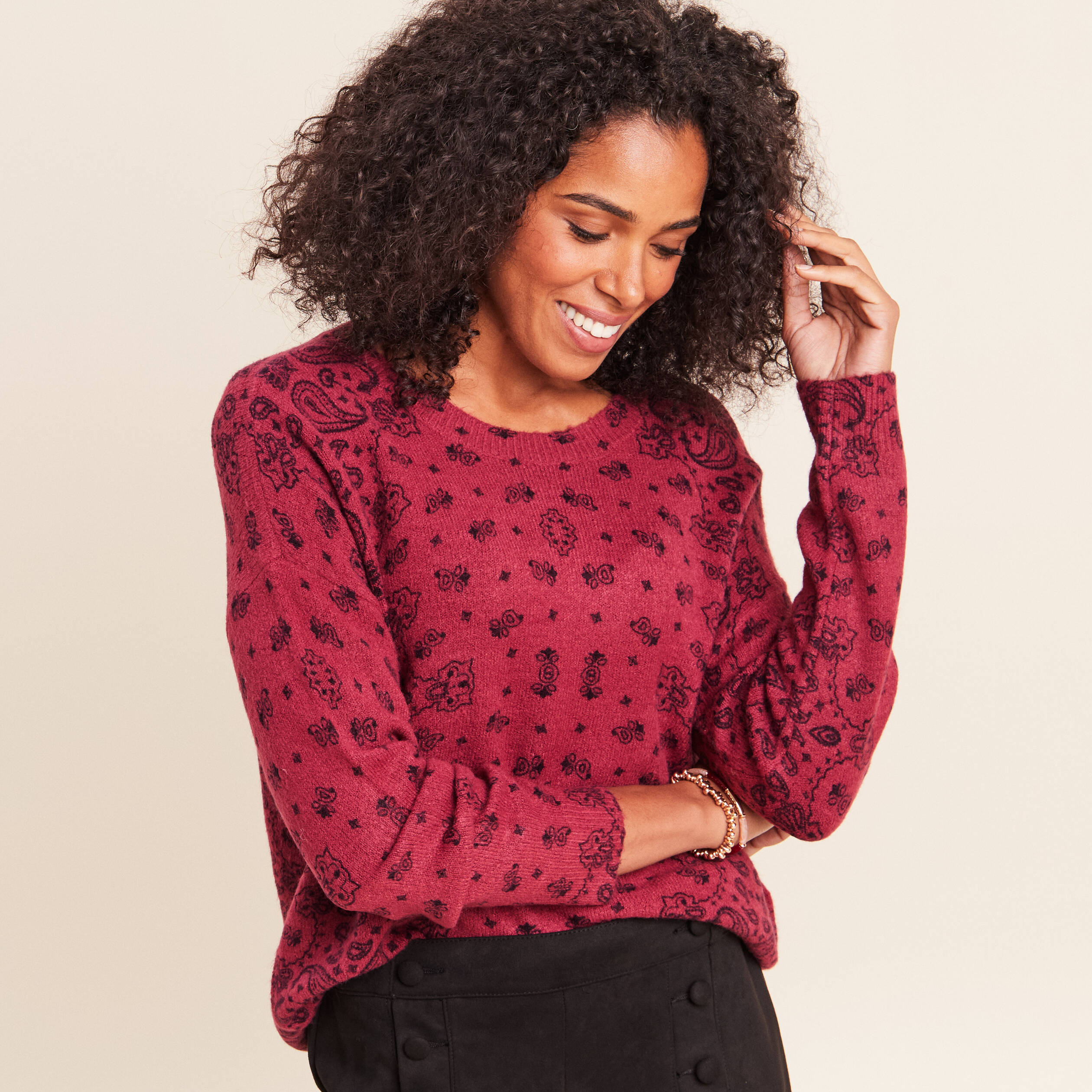 Pull col rond bordeaux femme