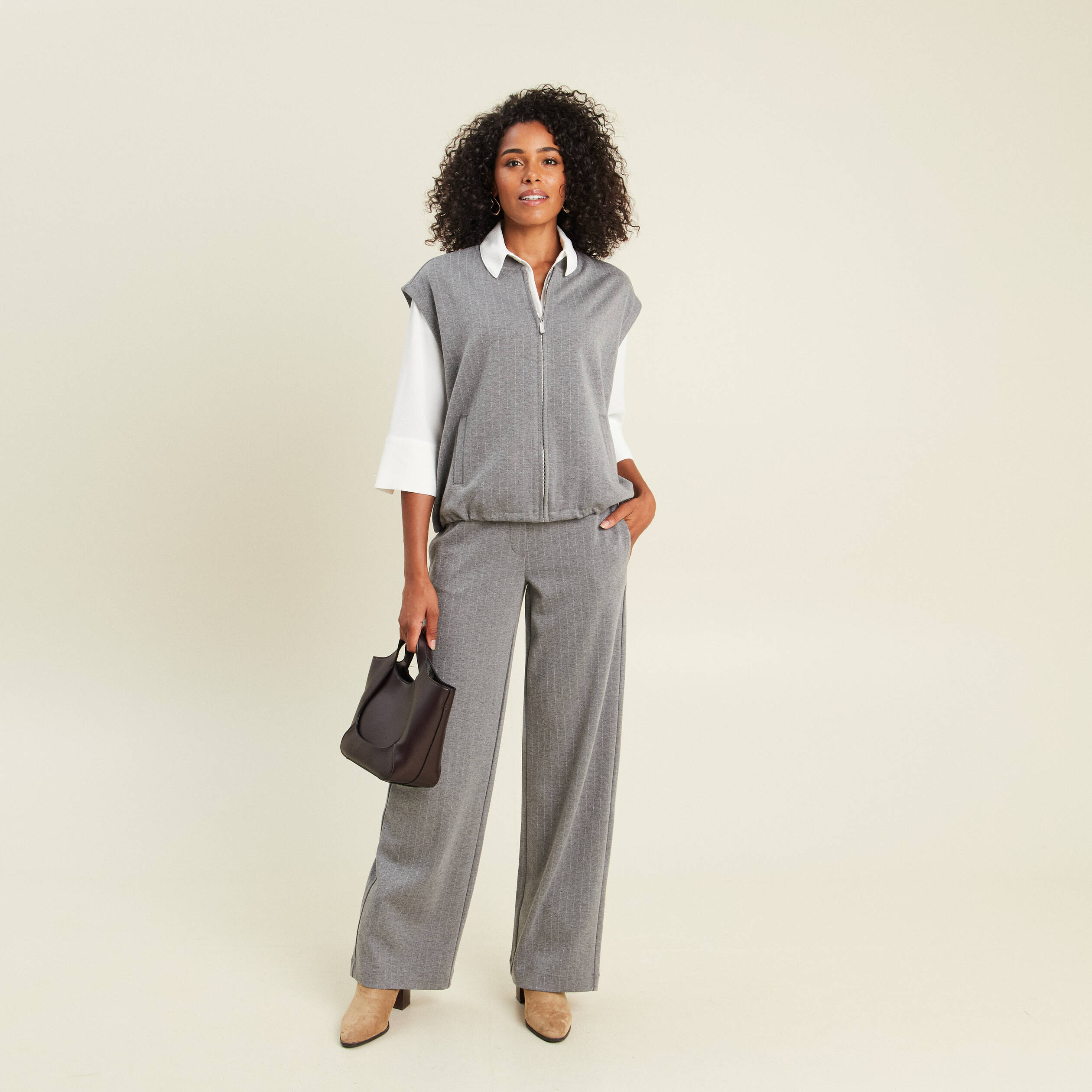 Pantalon loose taille bascul&eacute;e gris femme