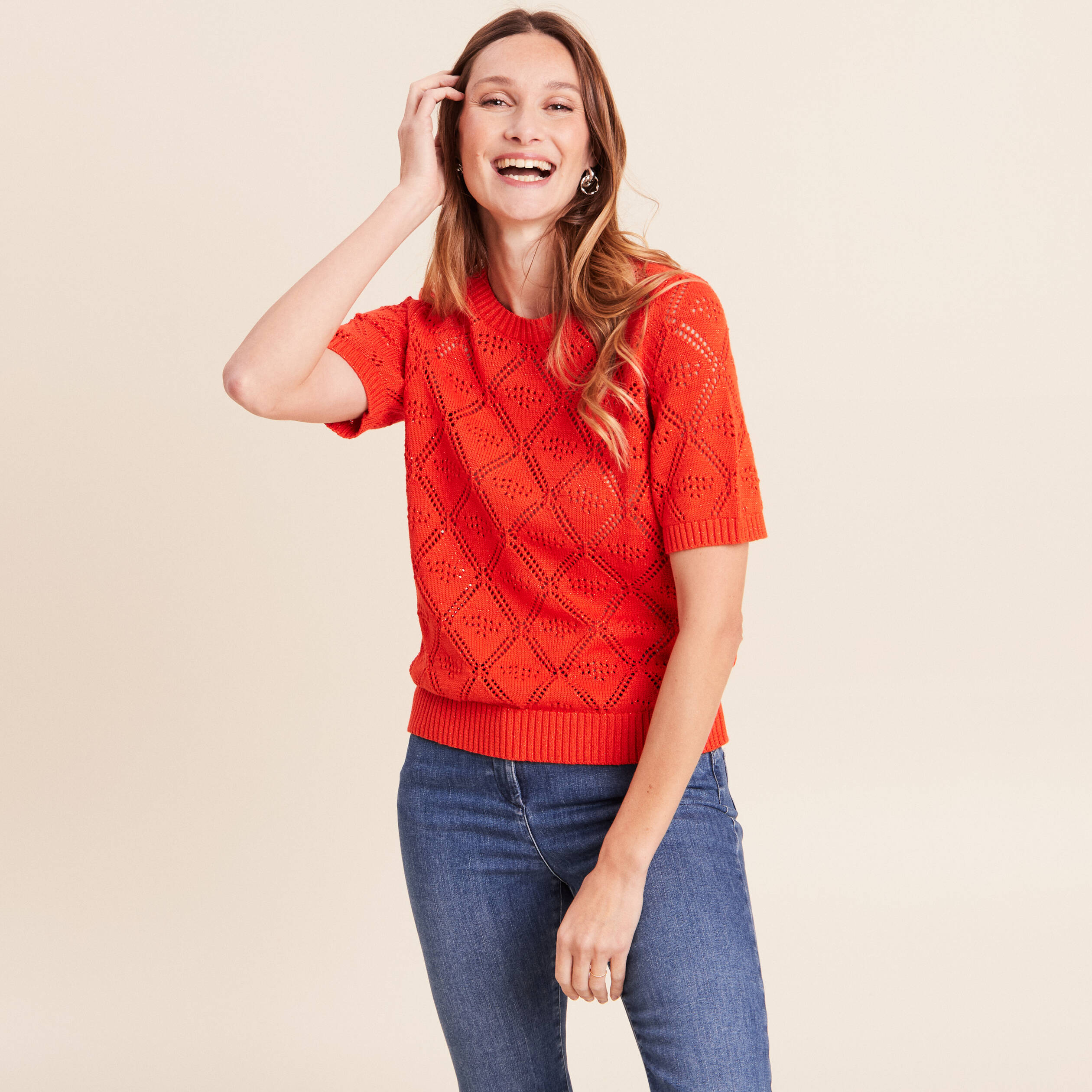 Pull droit court manches courtes orange fonc&eacute; femme