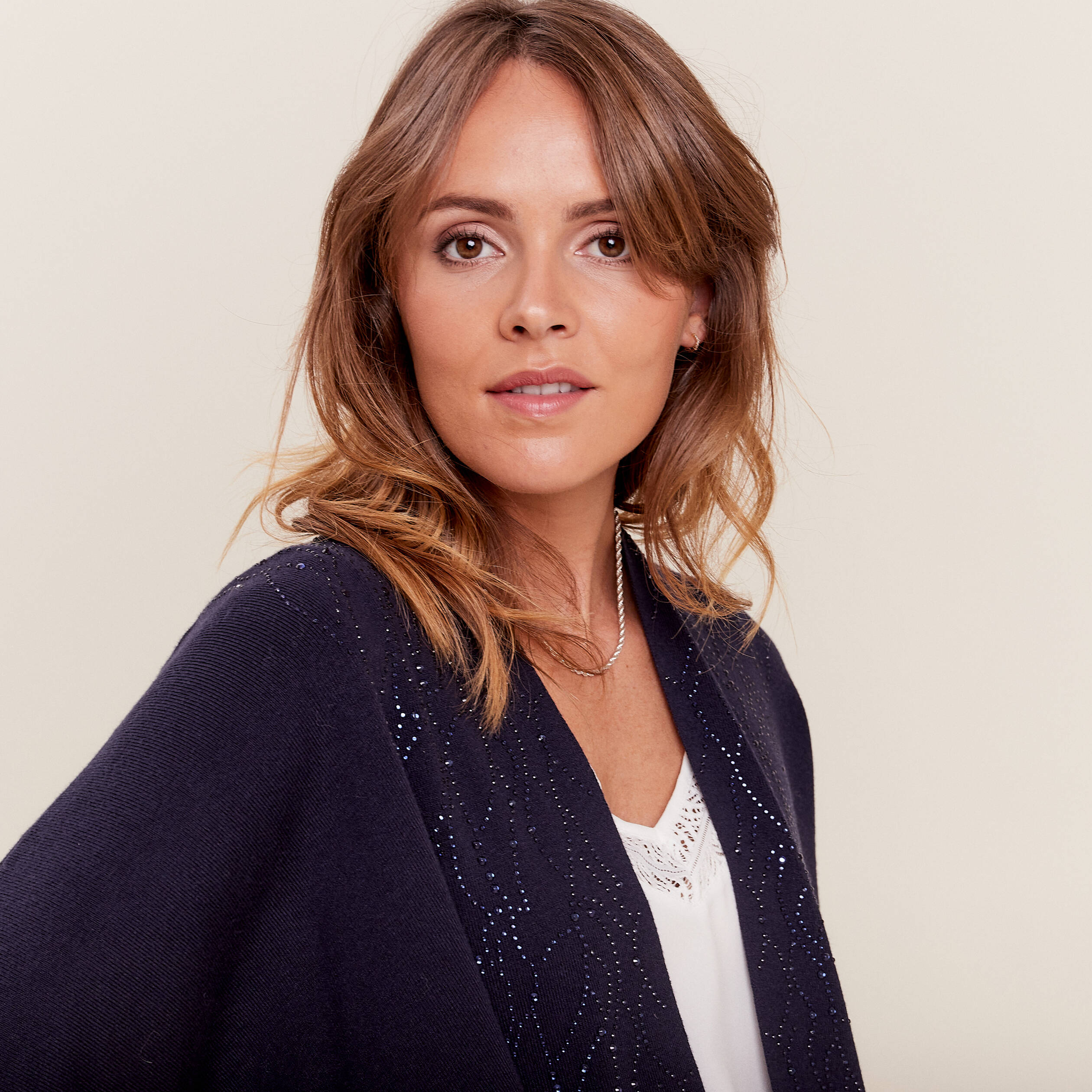 Poncho avec strass bleu foncé femme