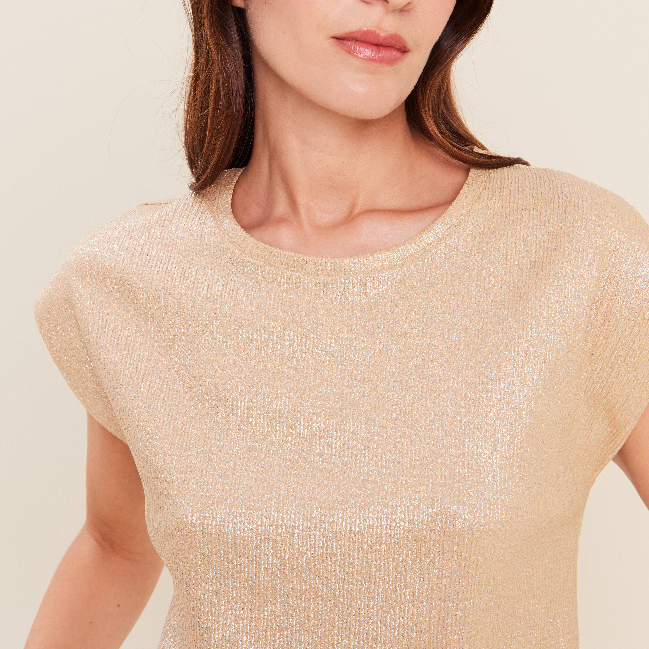 T-shirt col rond sans manches beige femme
