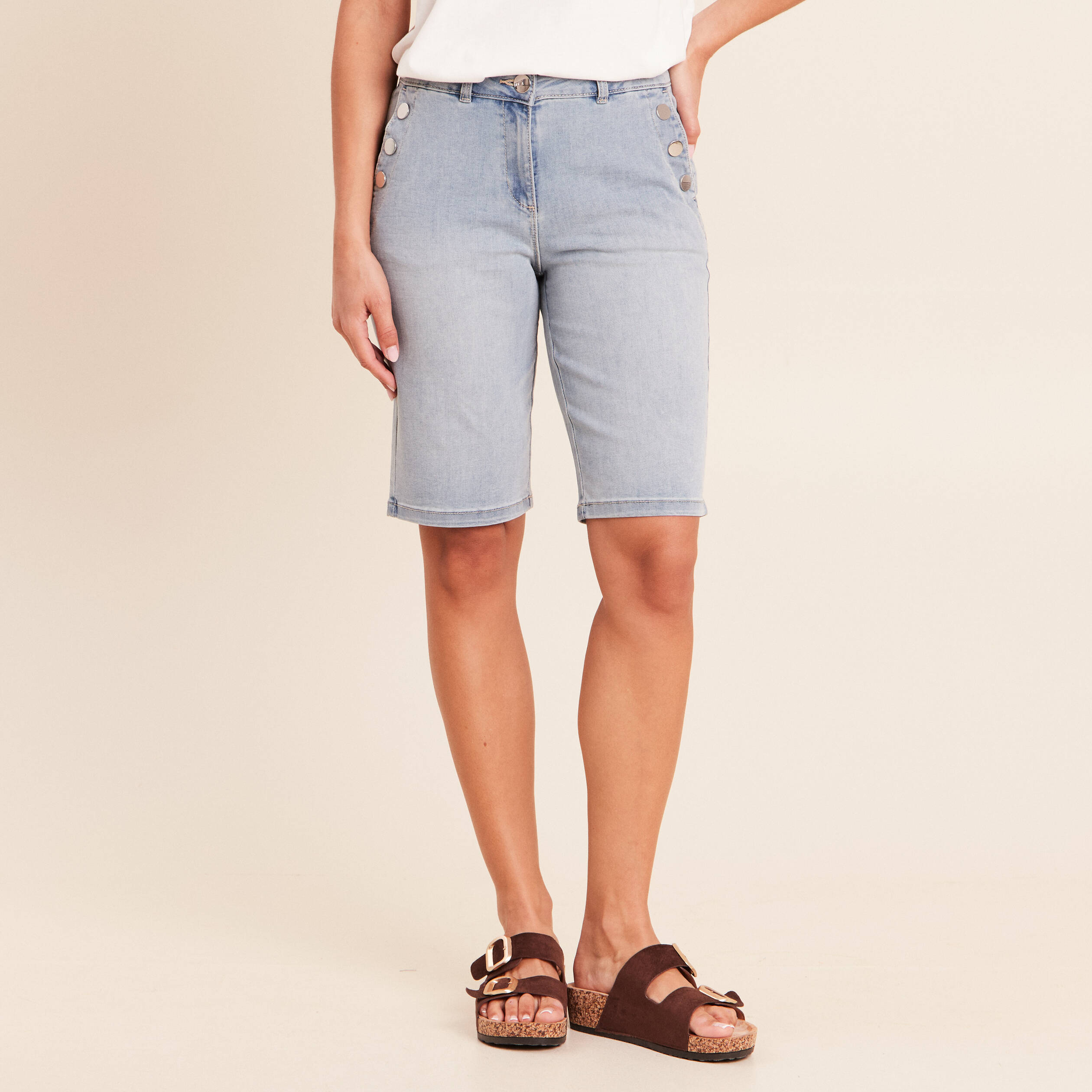 Bermuda ajust&eacute; denim double stone femme
