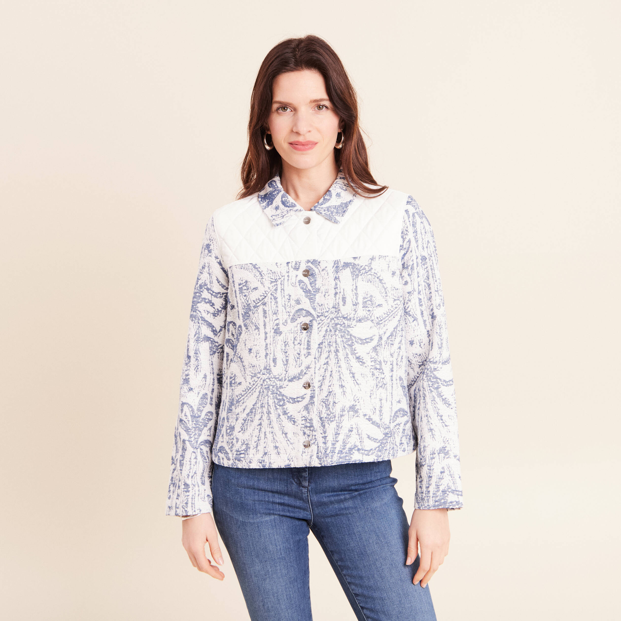 Veste bi-mati&egrave;re jacquard bleu femme