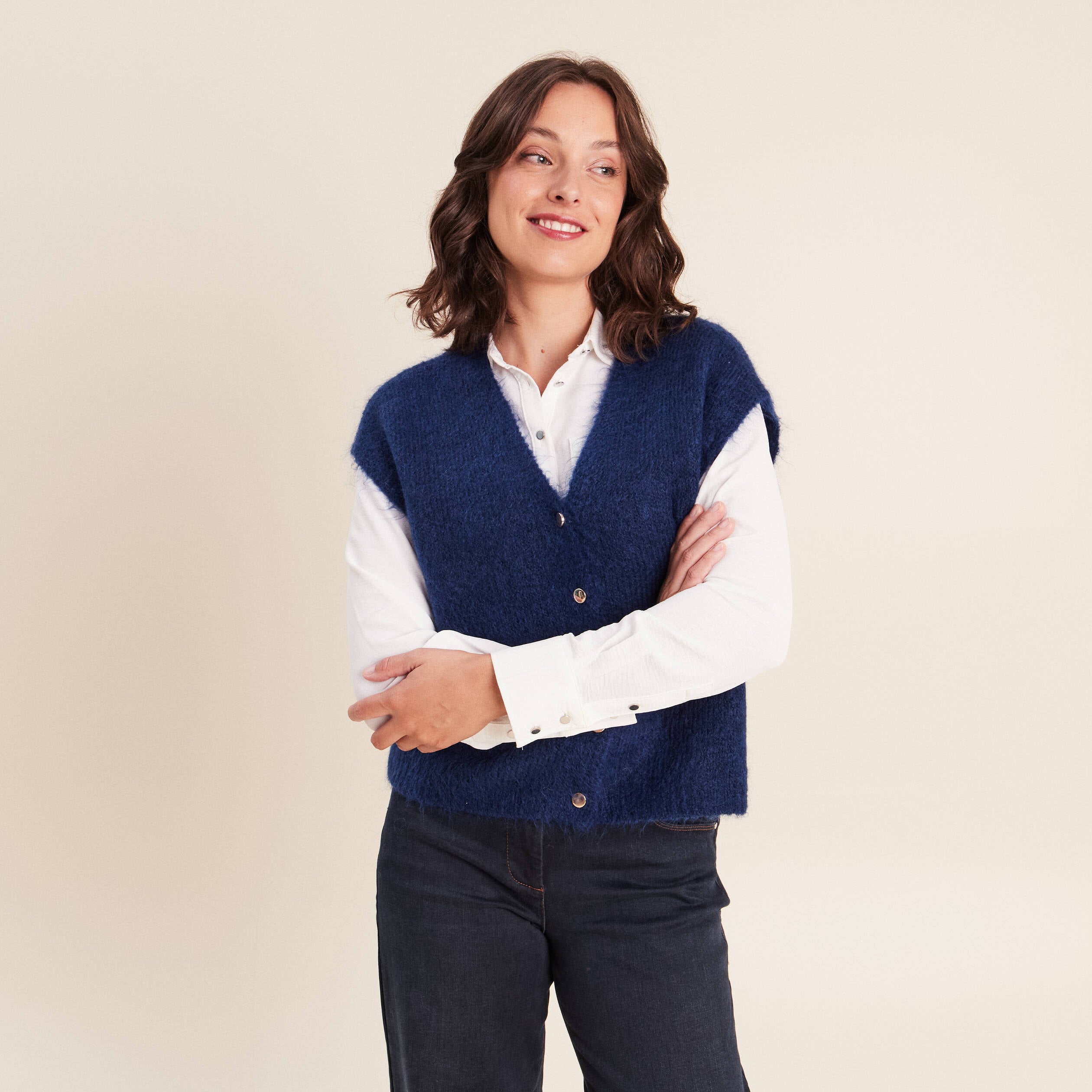 Gilet droit mi-long col v bleu marine femme