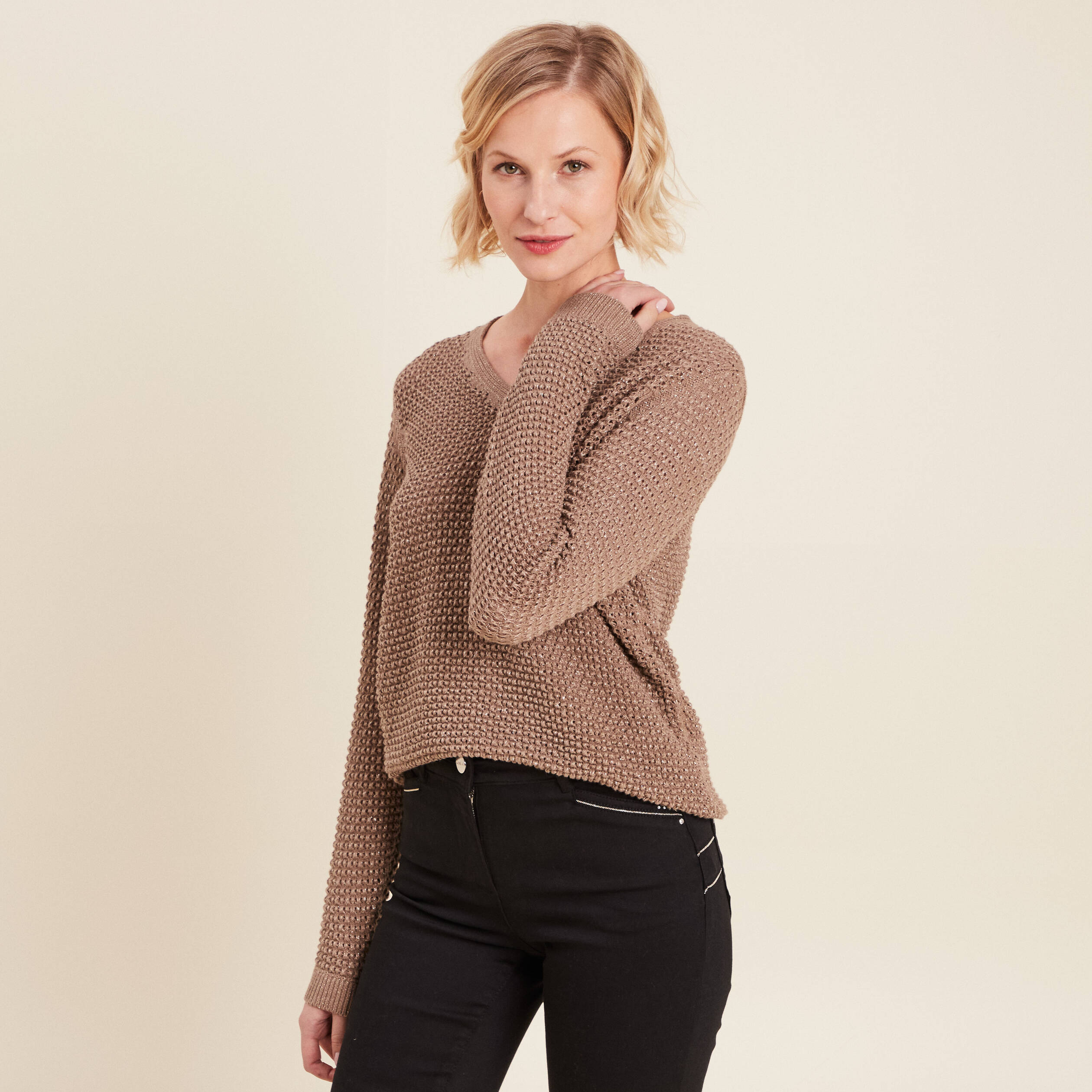 pull manches longues col en v taupe femme Pull manches longues col en V taupe femme