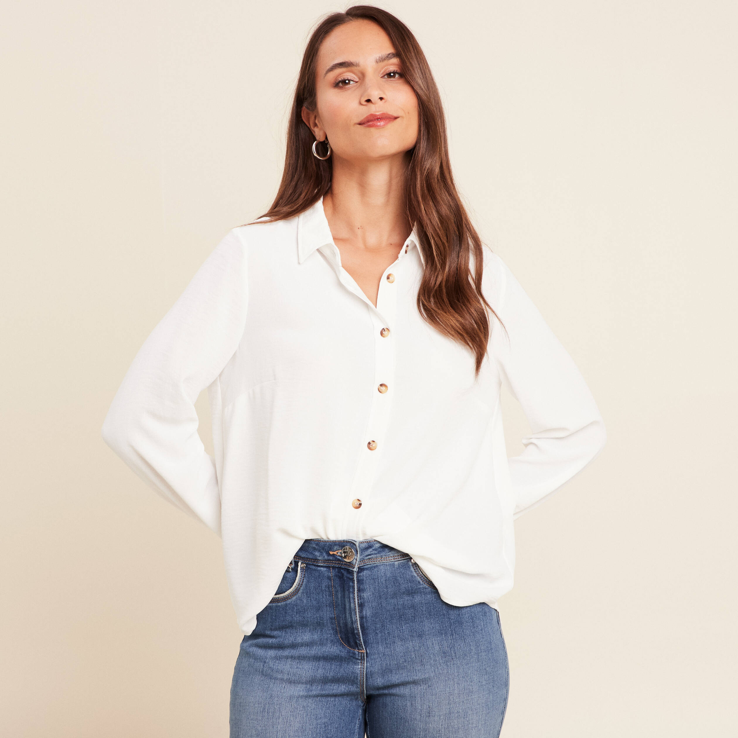 chemise fluide manches longues ecru femme Chemise fluide manches longues ecru femme