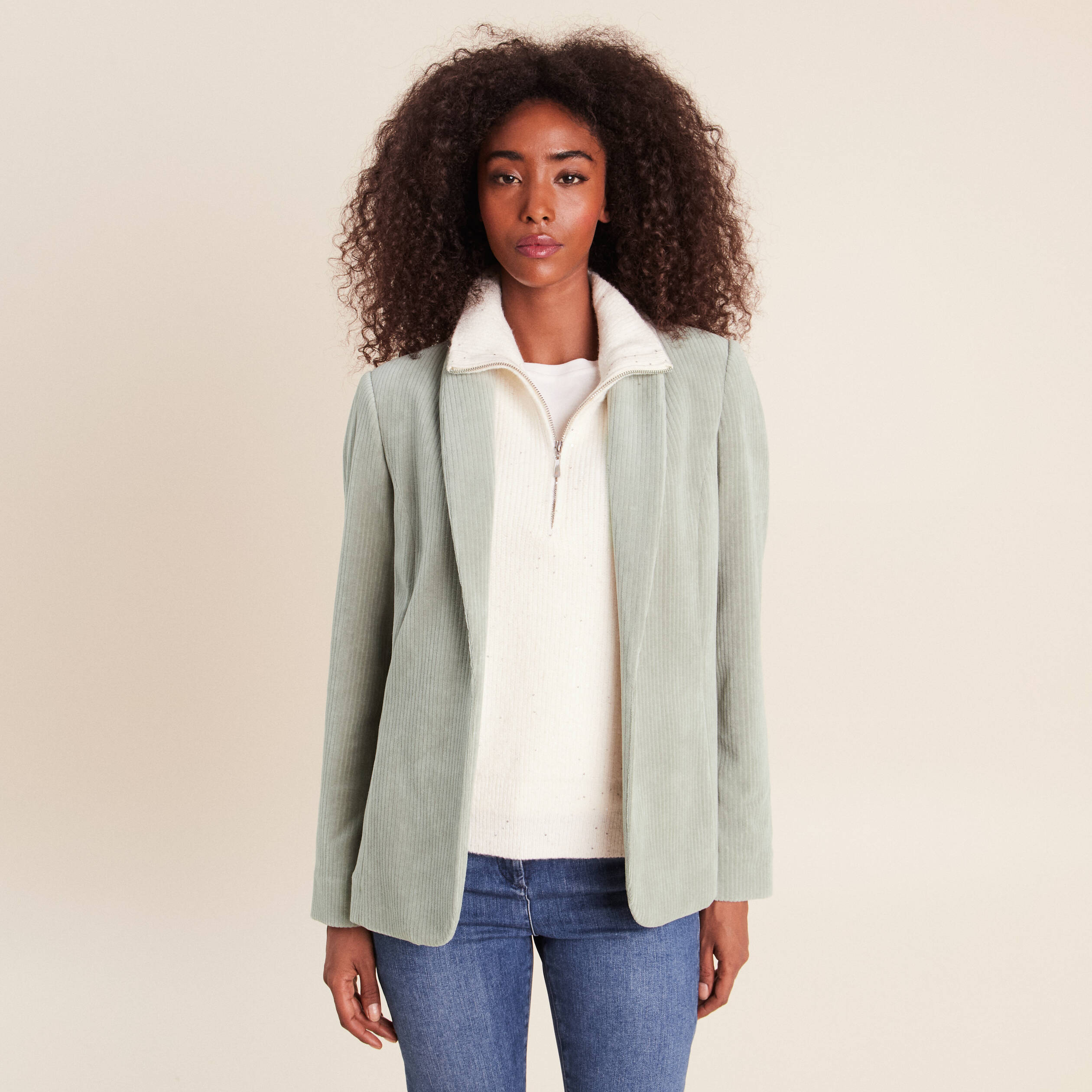 Veste tailleur velours vert clair femme