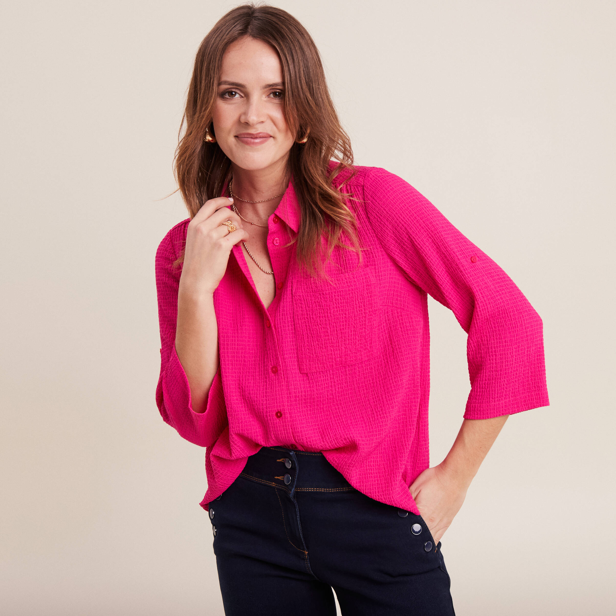 Chemise manches 3 4 rose fushia femme Vibs