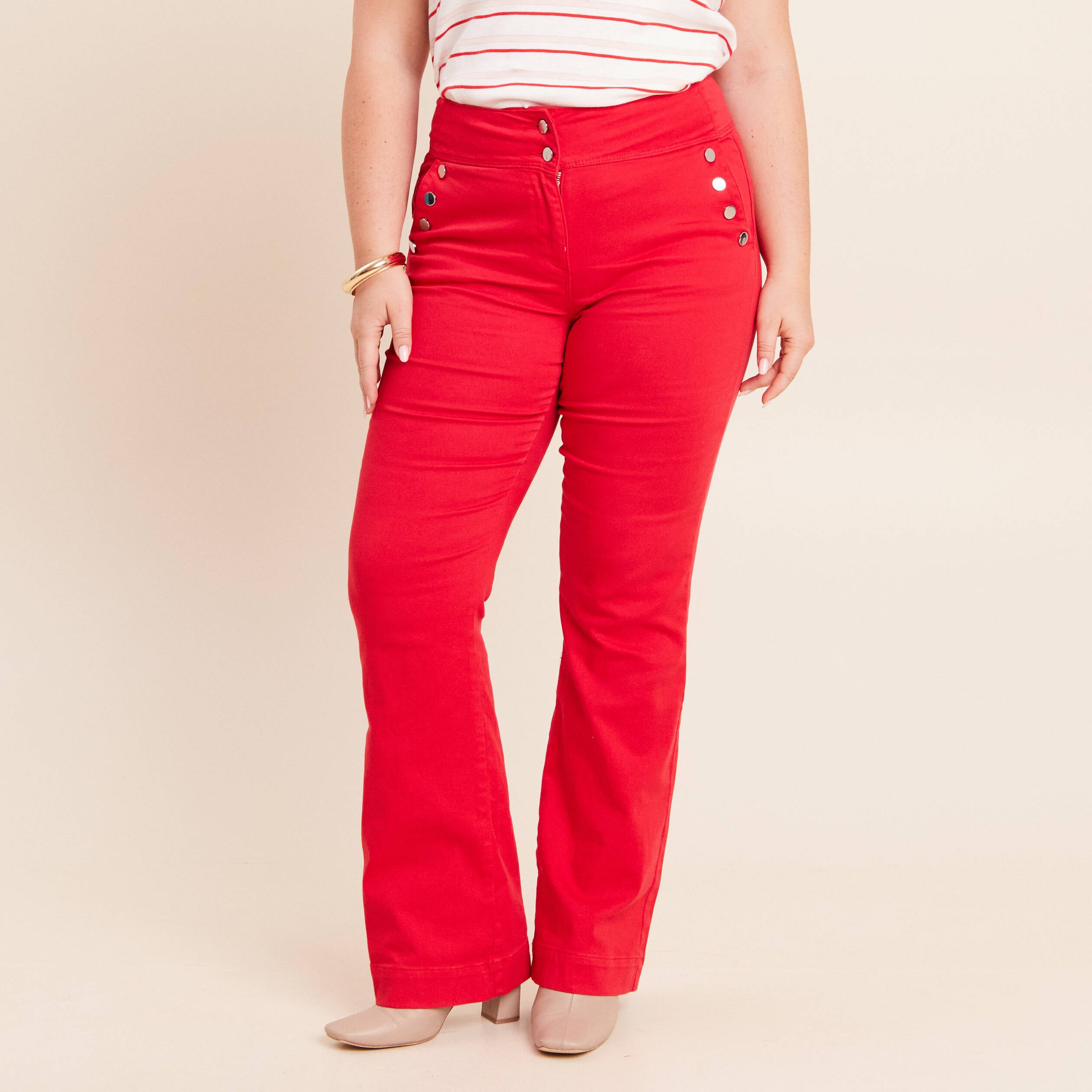 Pantalon coupe bootcut &agrave; pont rouge fluo femme