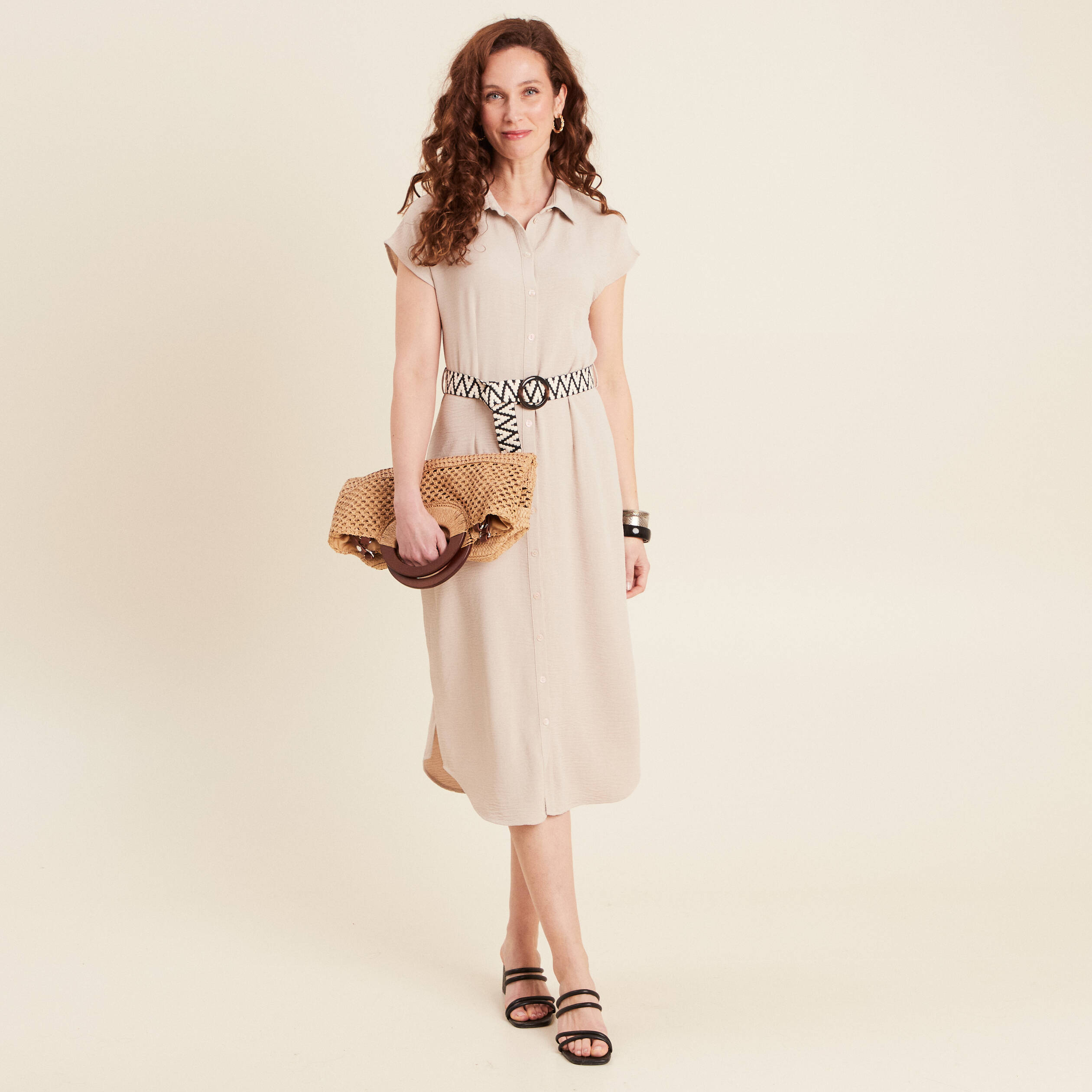 robe chemise droite ceinturee sable femme Robe chemise droite ceinturée sable femme