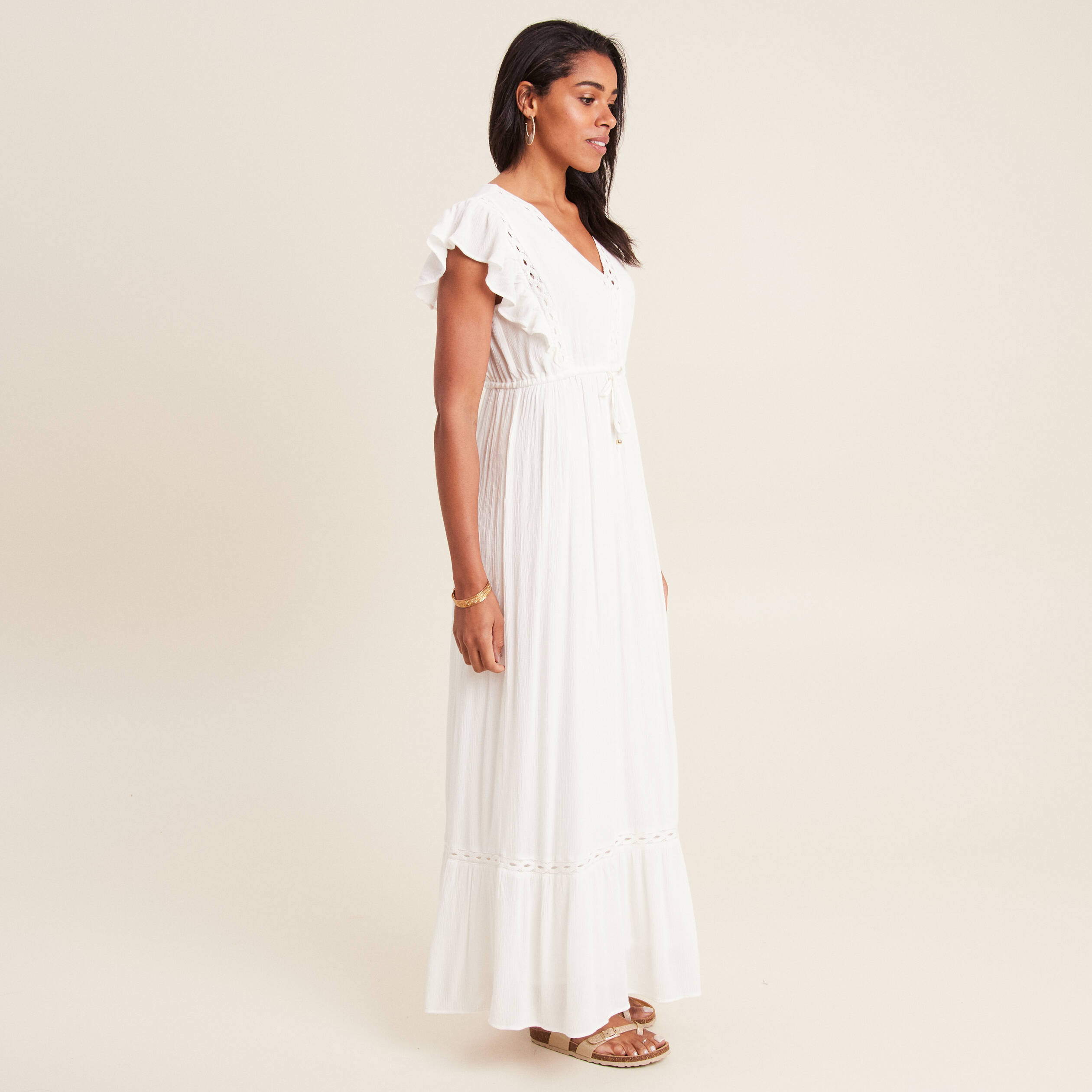 robe longue evasee a volants ecru femme Robe longue évasée à volants ecru femme