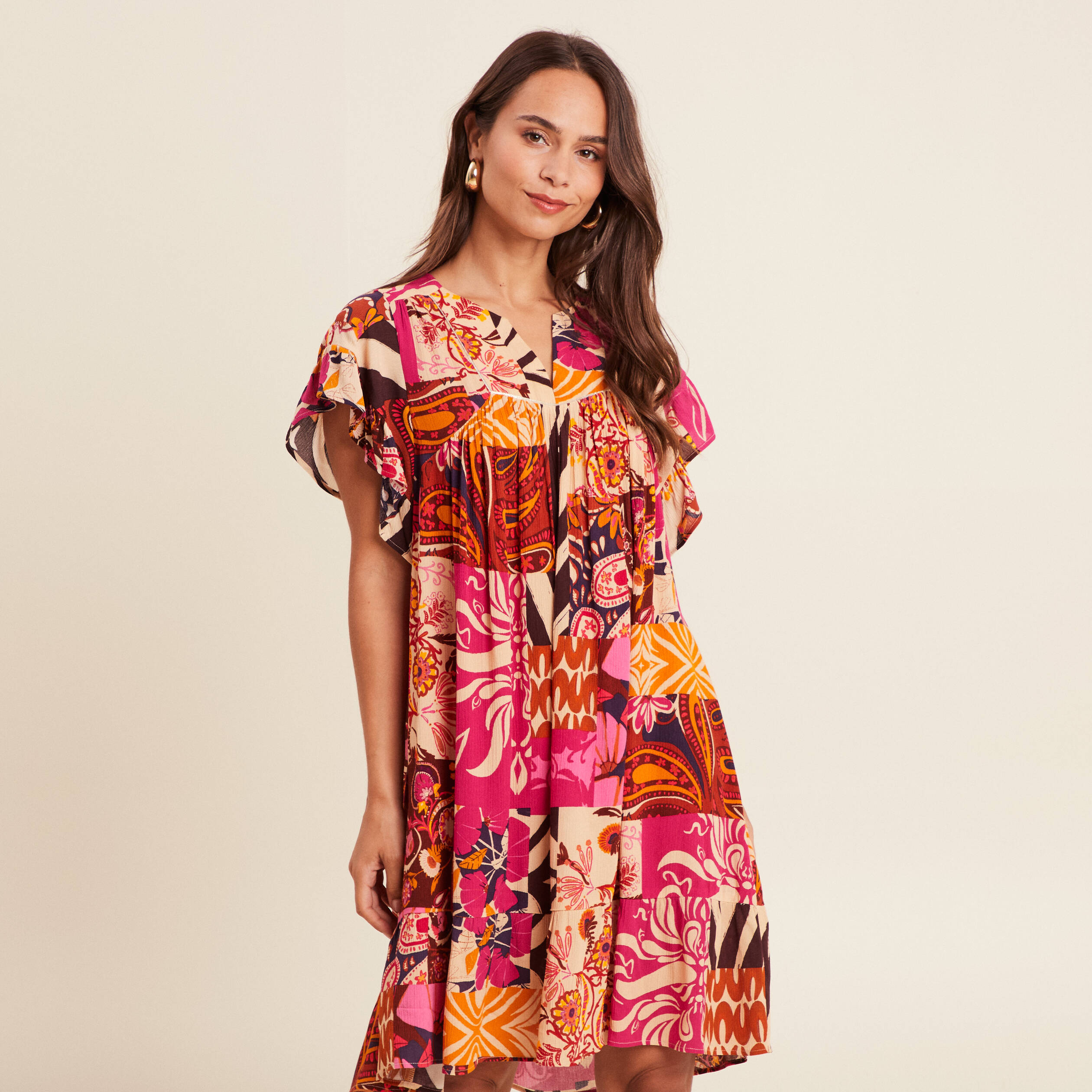 robe courte evasee col tunisien rose femme Robe courte évasée col tunisien rose femme