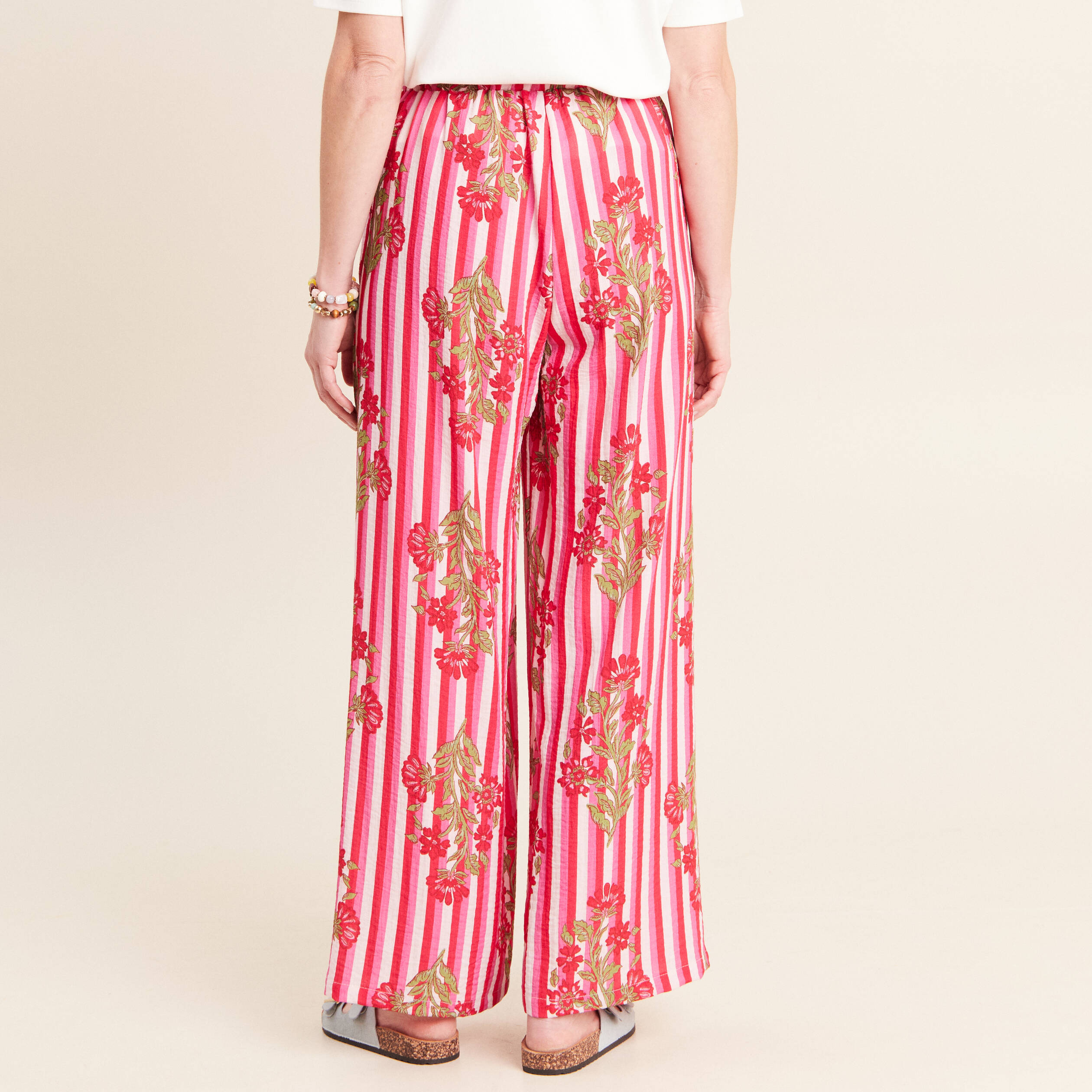 Pantalon large taille haute rose femme