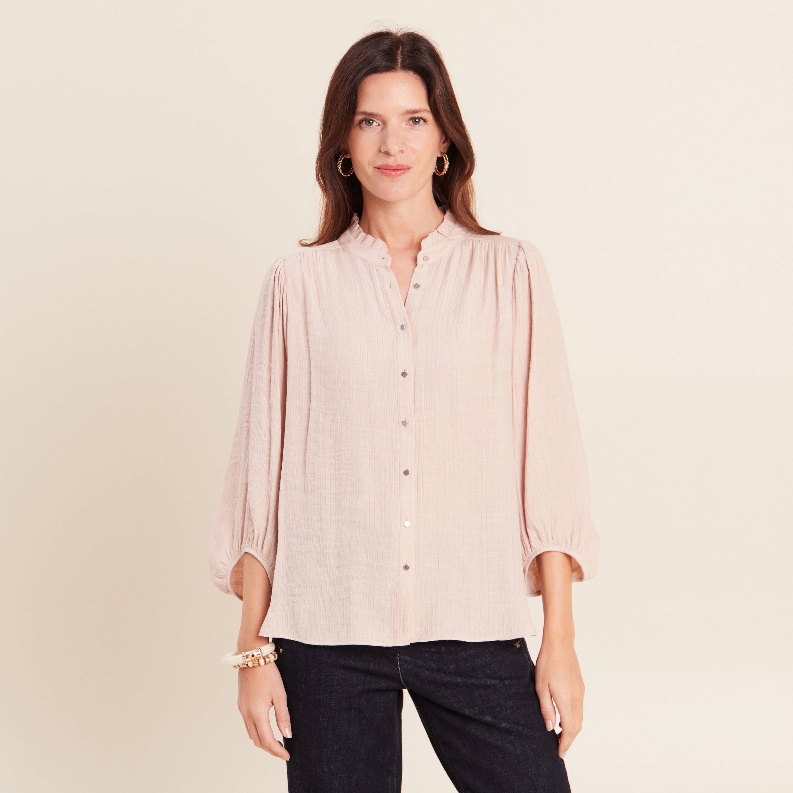 Chemise col montant manches 3/4 ivoire femme