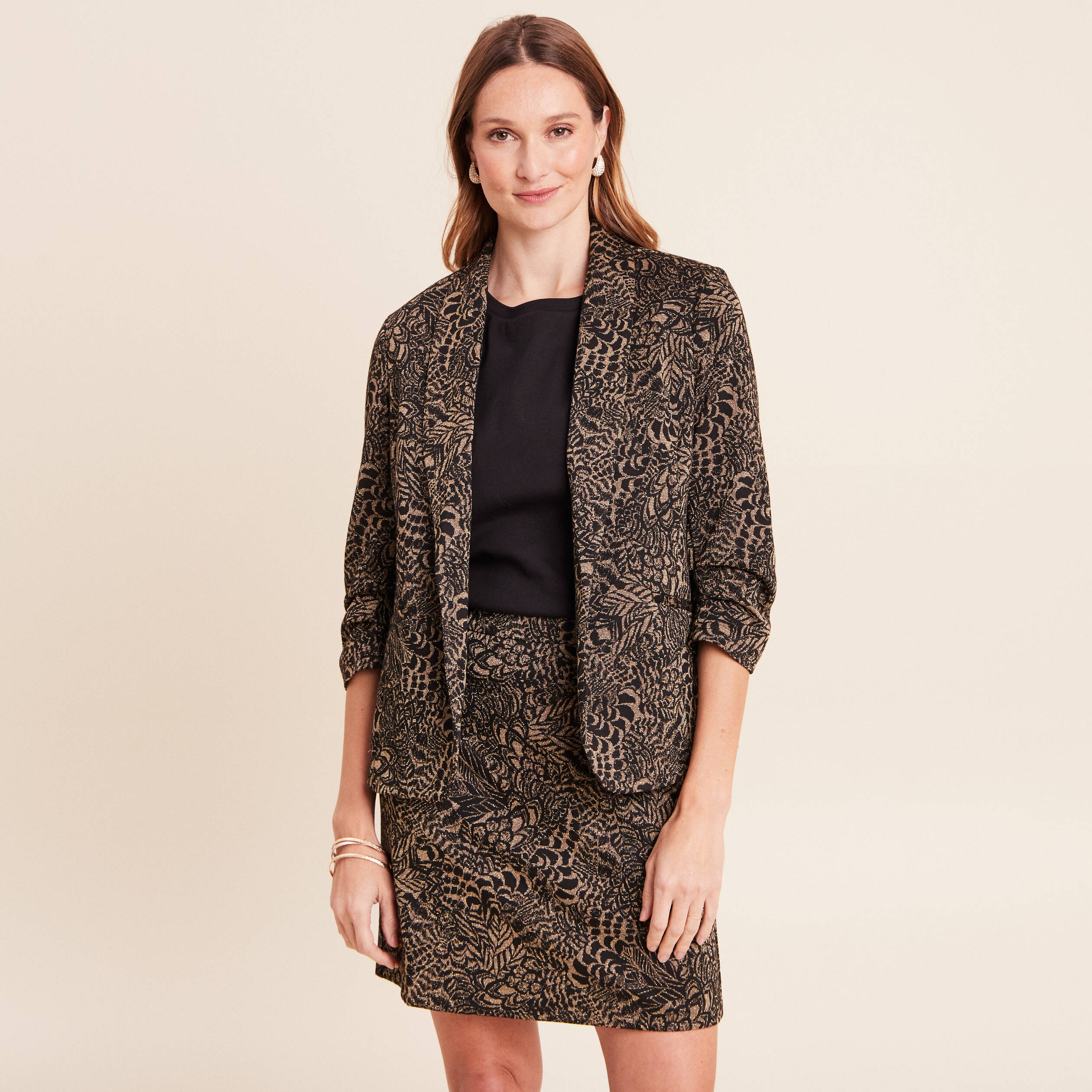 Veste cintr&eacute;e manches 3/4 col ch&acirc;le vert kaki femme