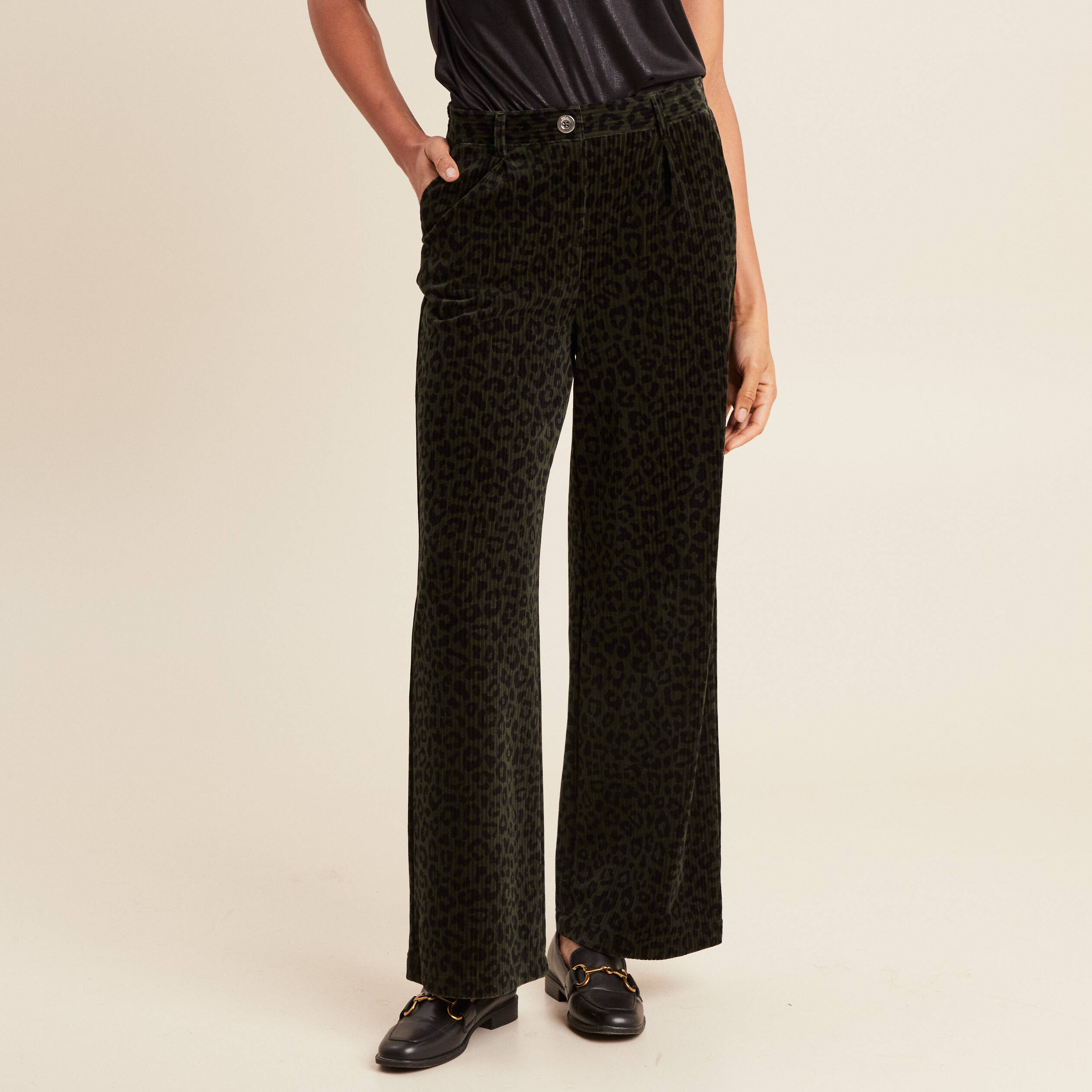 pantalon large velours vert fonce femme Pantalon large velours vert foncé femme