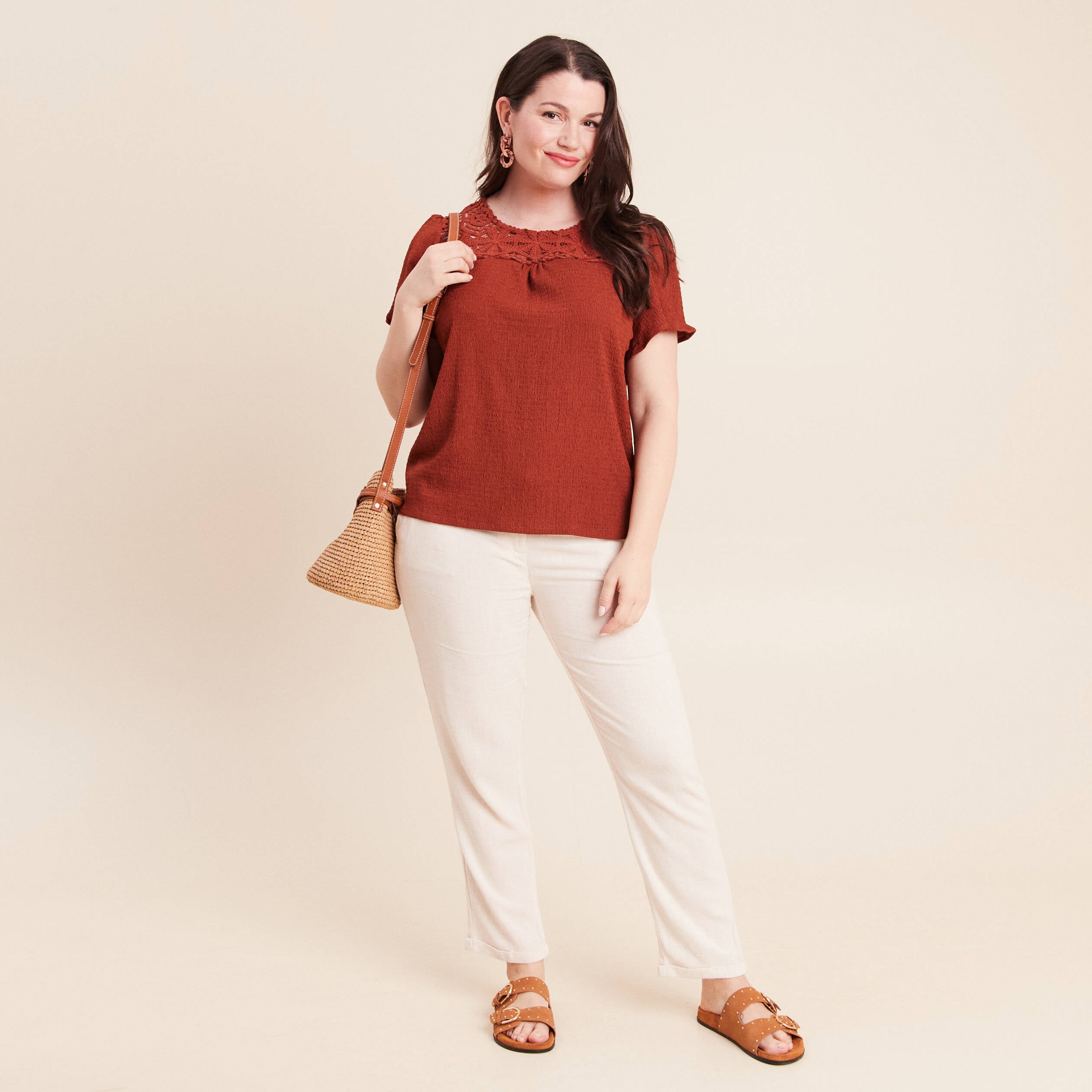 Pantalon large 7/8&egrave;me taille bascul&eacute;e beige femme