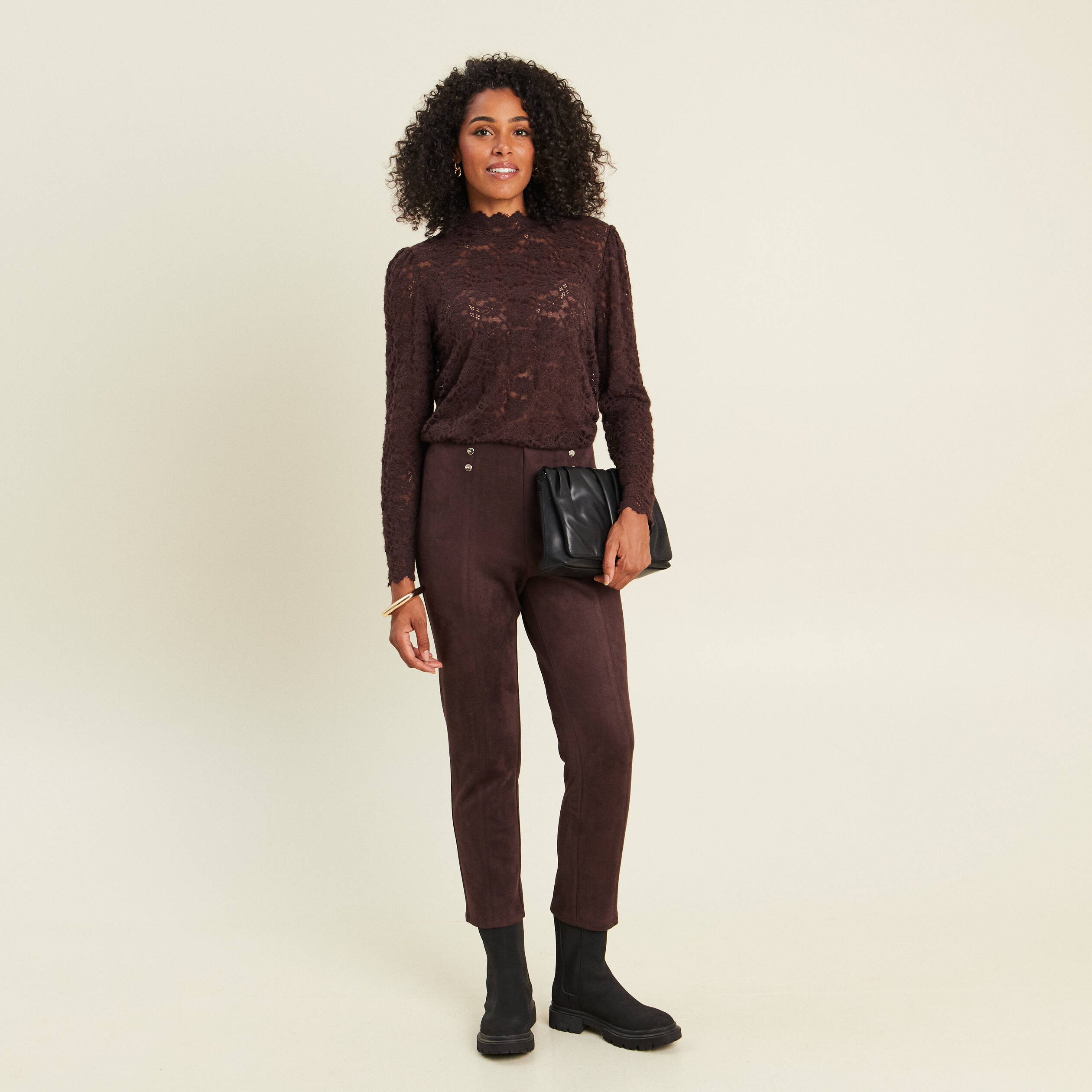 Legging 7/8&egrave;me taille haute aspect daim marron fonc&eacute; femme