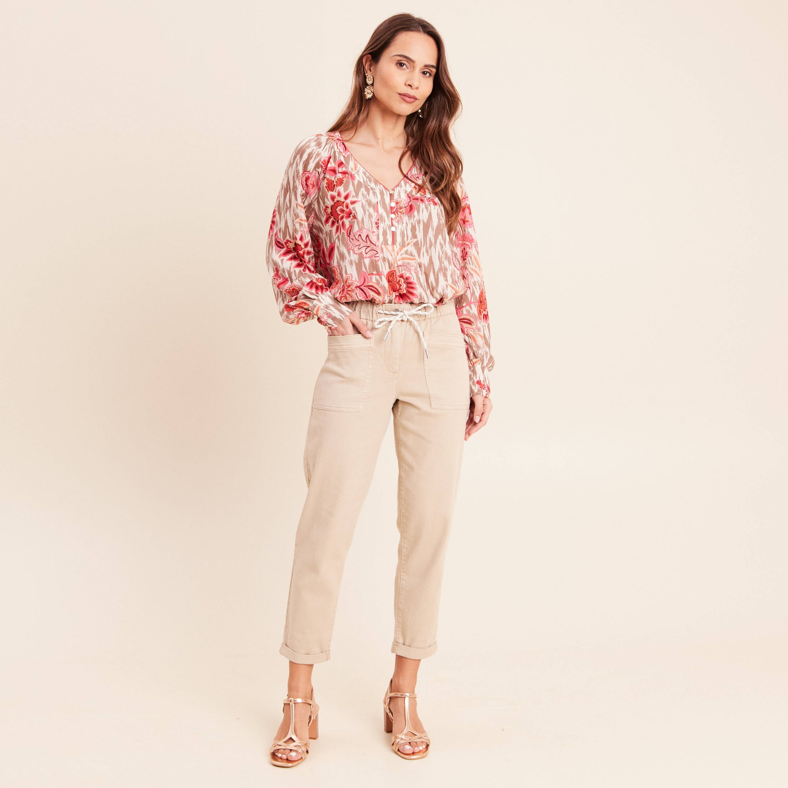 Blouse col v manches longues rose femme