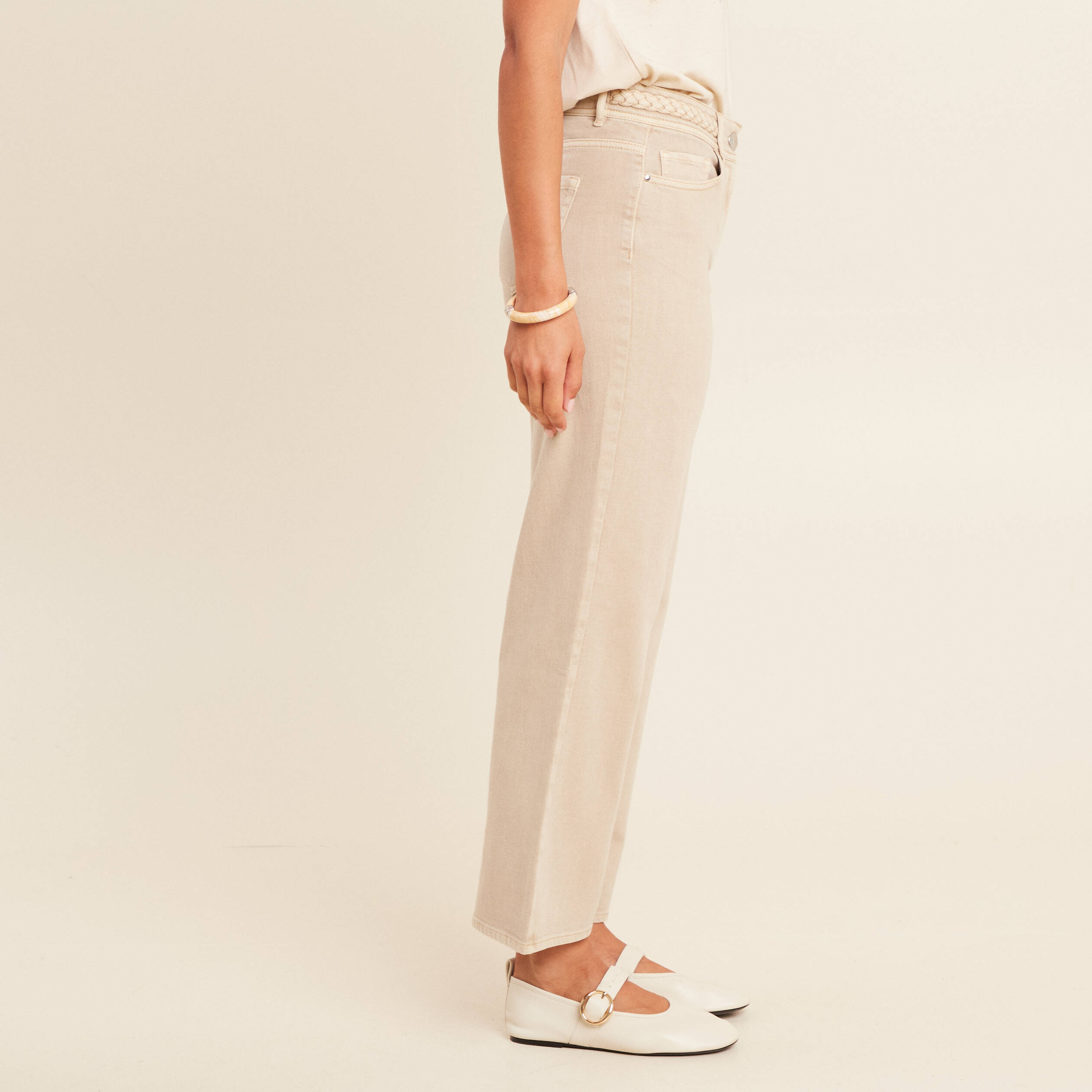 Jean coupe large 7/8&egrave;me taille haute denim beige femme