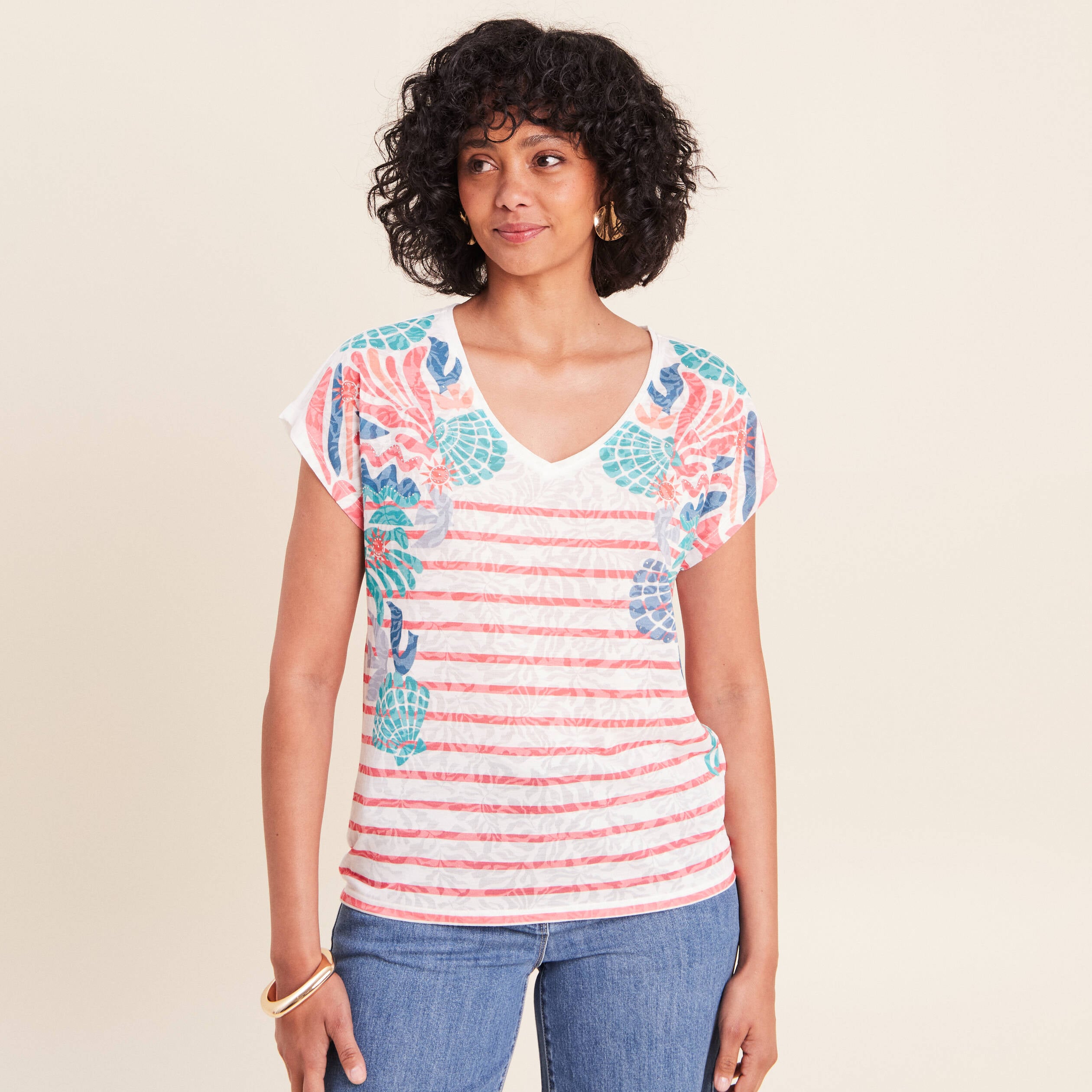 T-shirt col v manches courtes strass ecru femme
