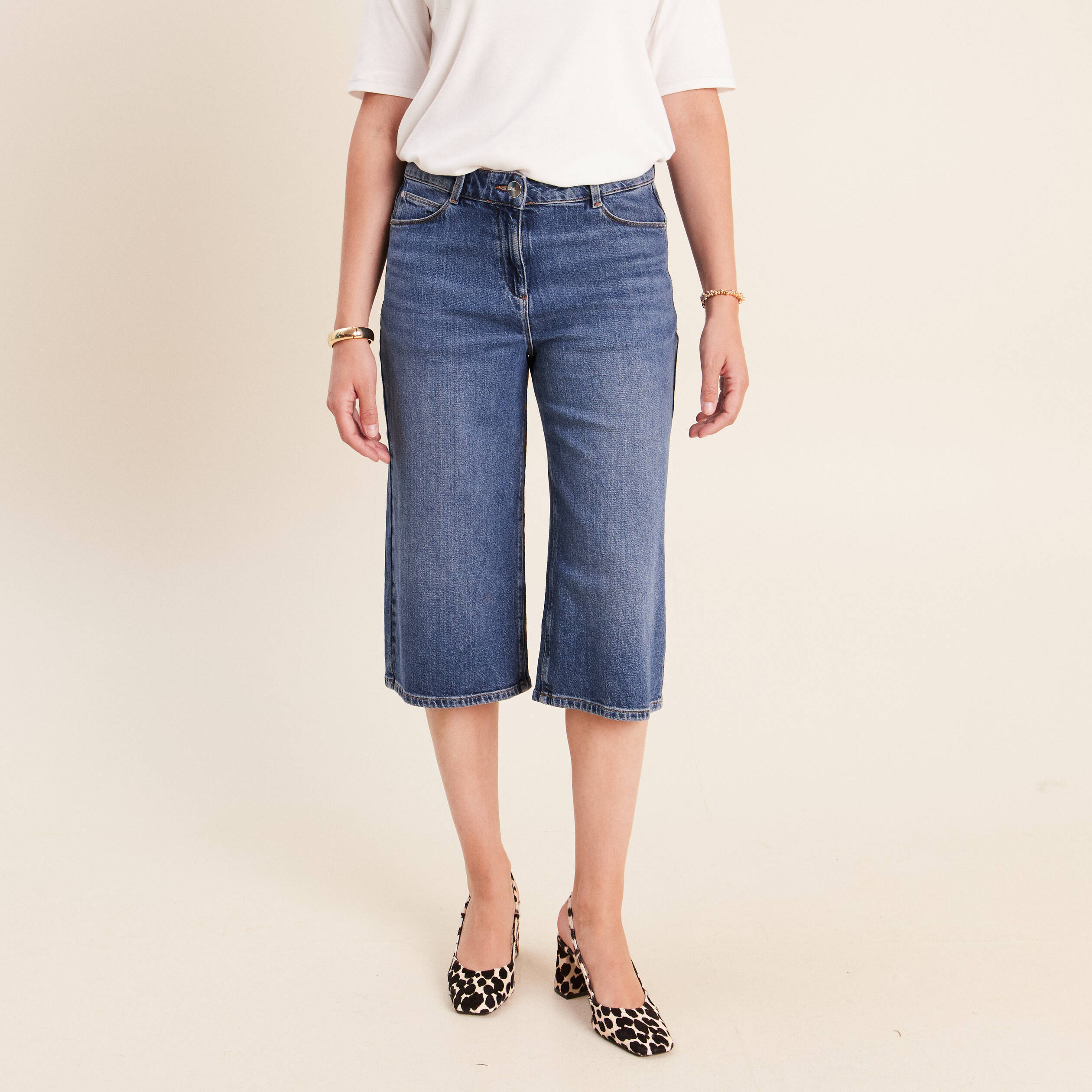 Jean bermuda taille haute denim denim stone femme