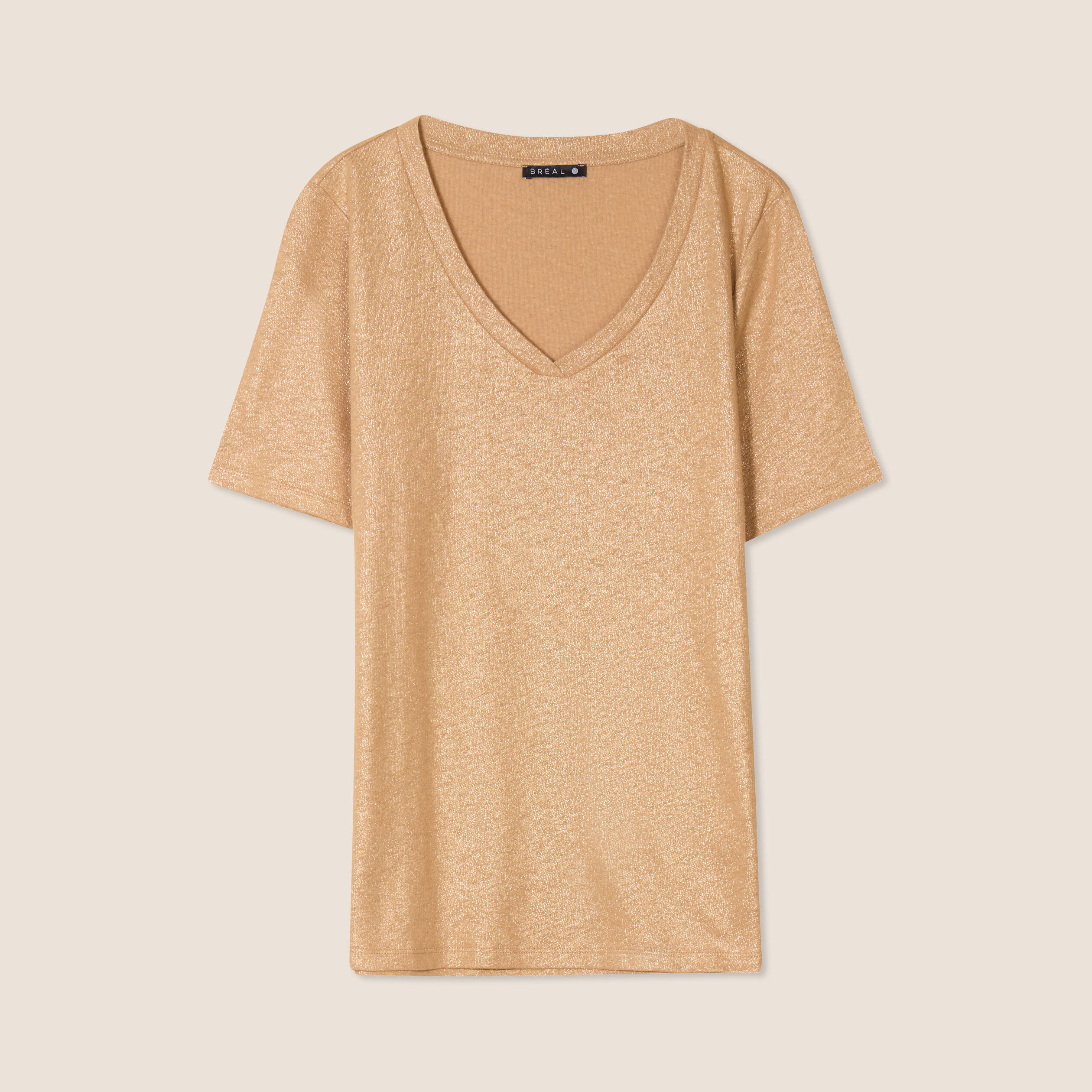 t shirt col v manches courtes beige femme T-shirt col V manches courtes beige femme