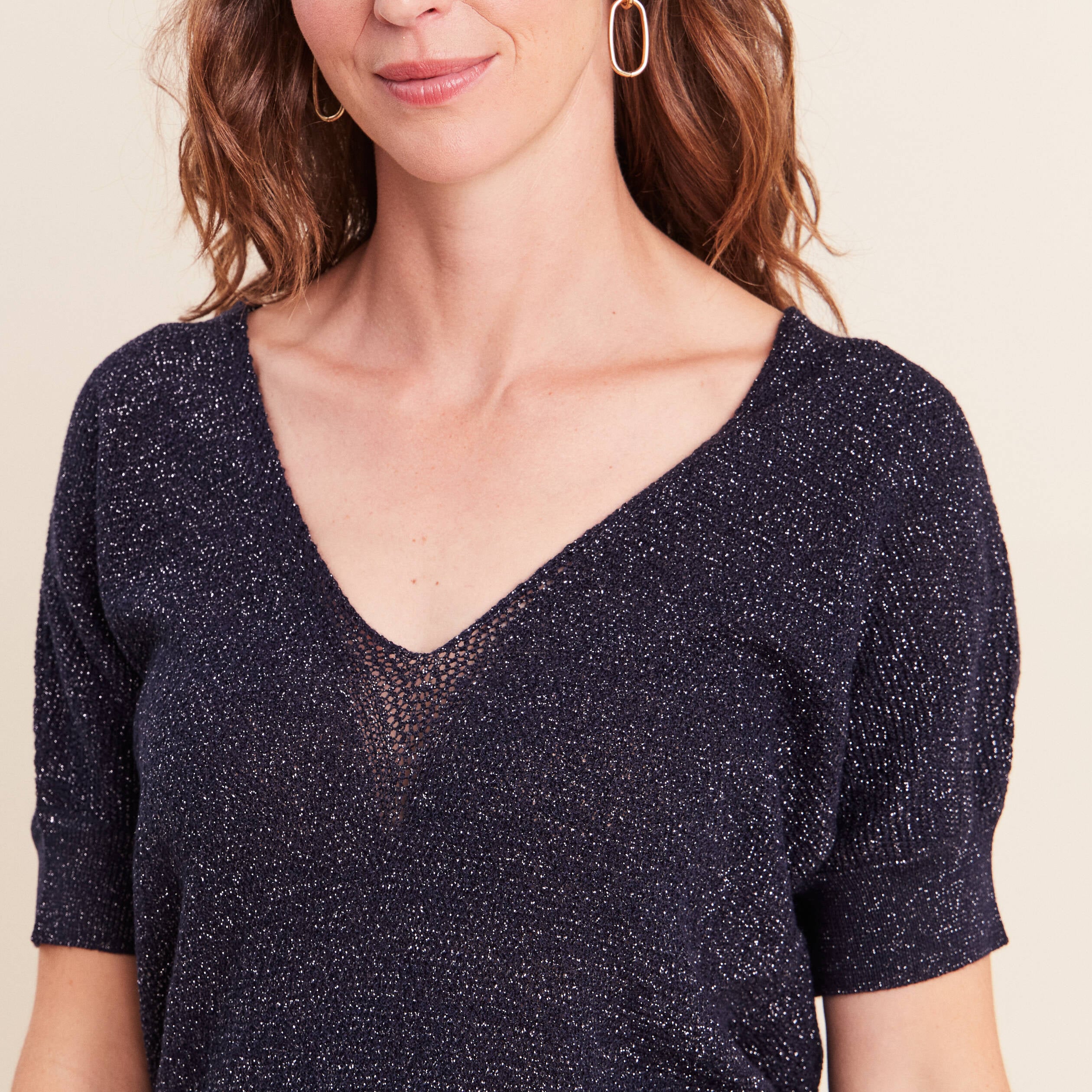 Pull col v bleu marine femme