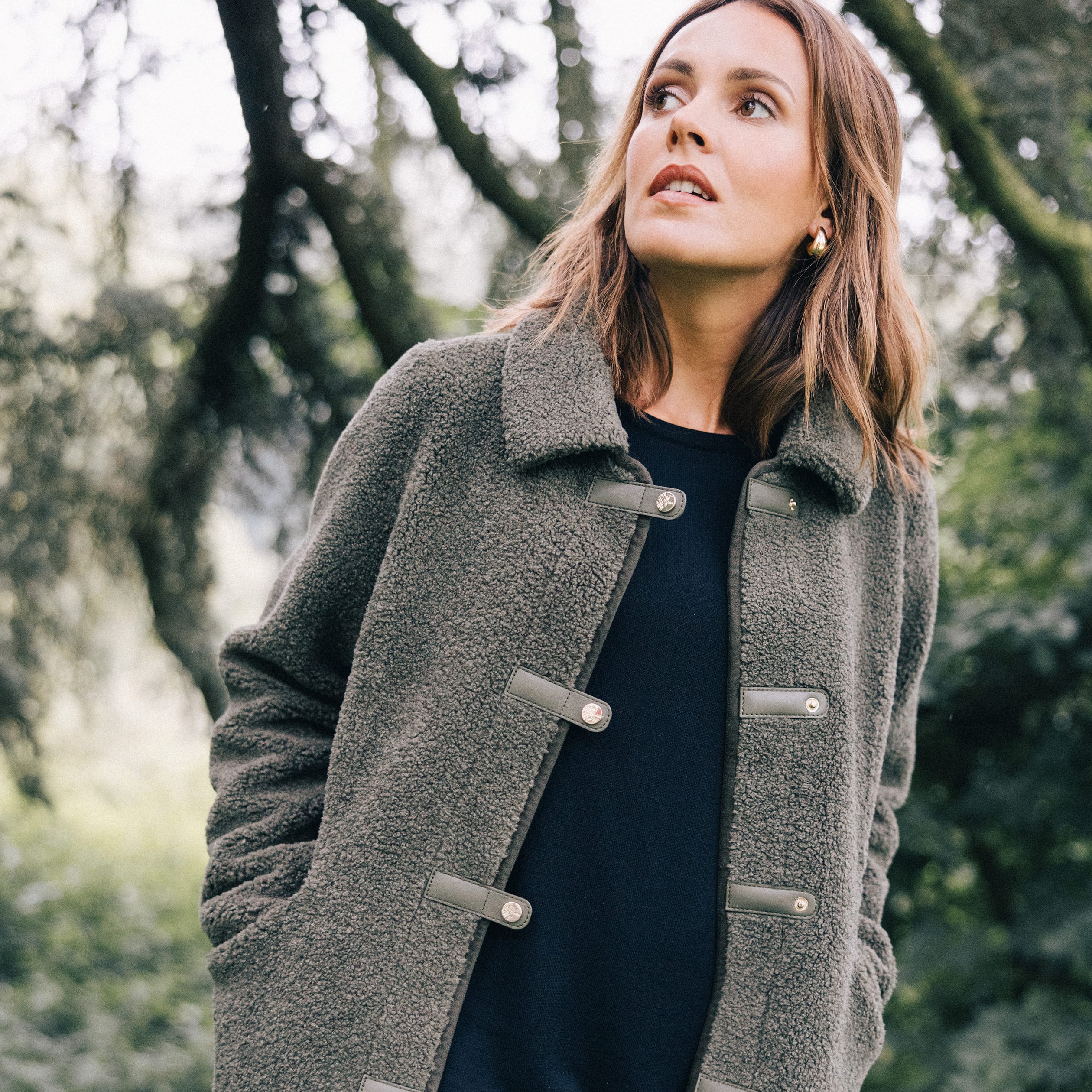 Manteau droit laine mouton vert kaki femme