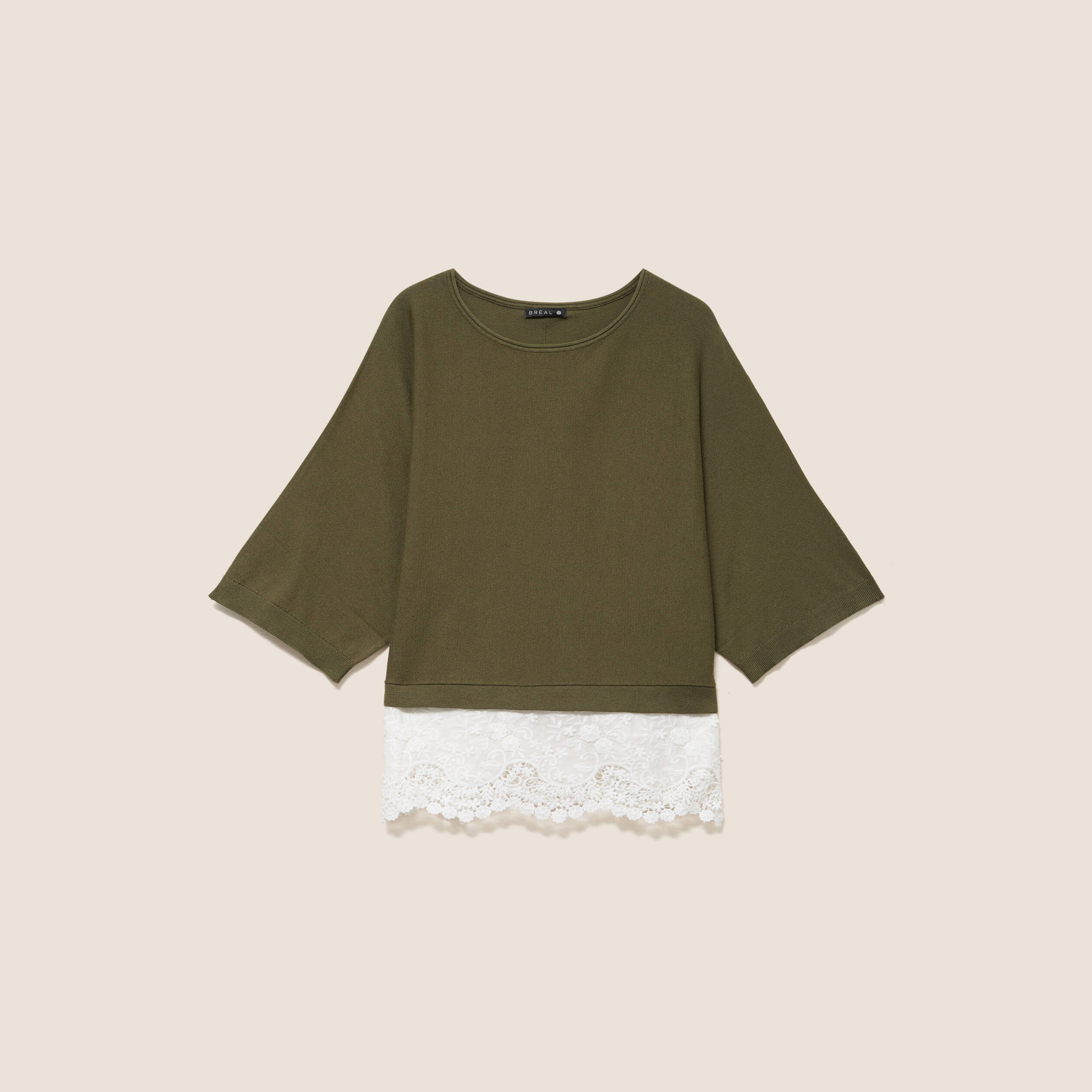 Pull bi-mati&egrave;re col bateau vert kaki femme