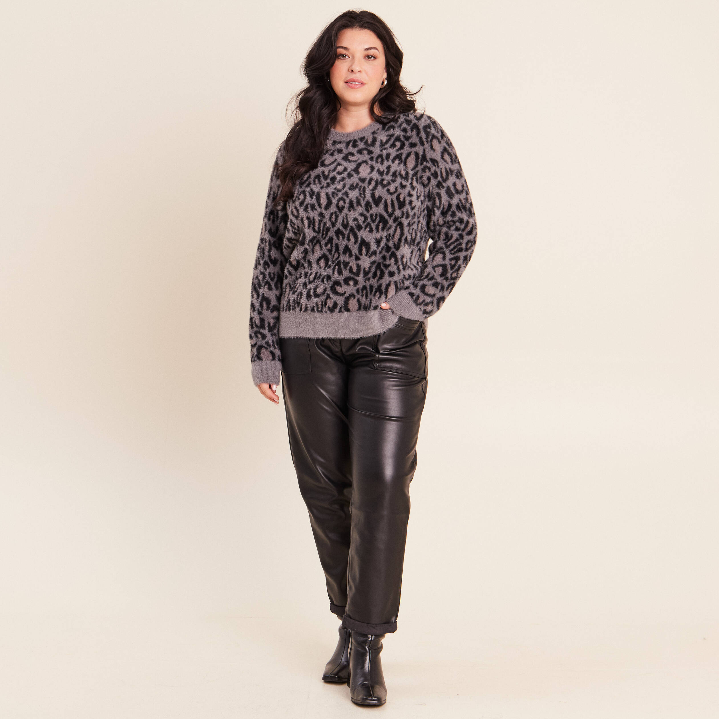 Pull col rond gris femme